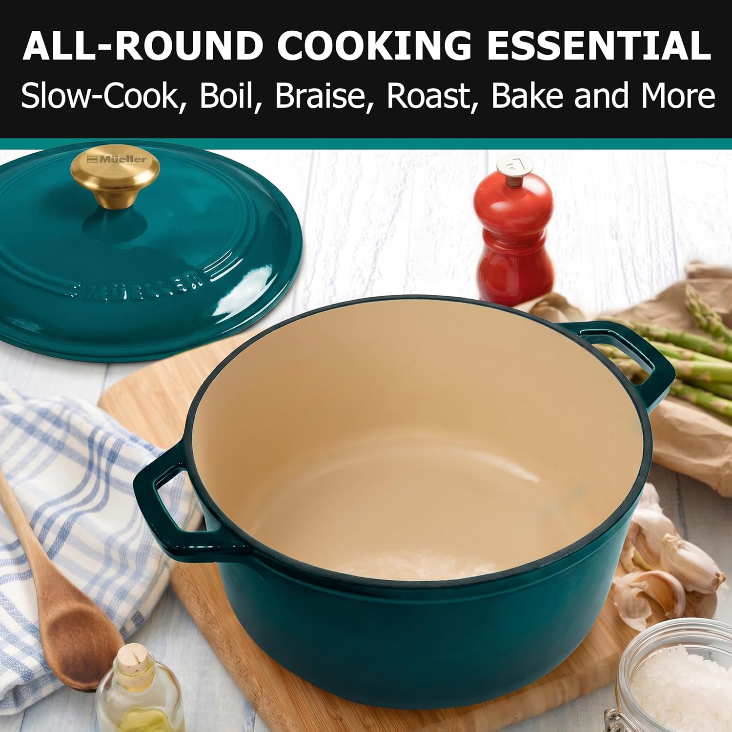 Thumbnail 6 de Mueller DuraCast 6 Quart Enameled Cast Iron Dutch Oven with Lid (Emerald) — 500°F Oven Safe, PFOA-Free
