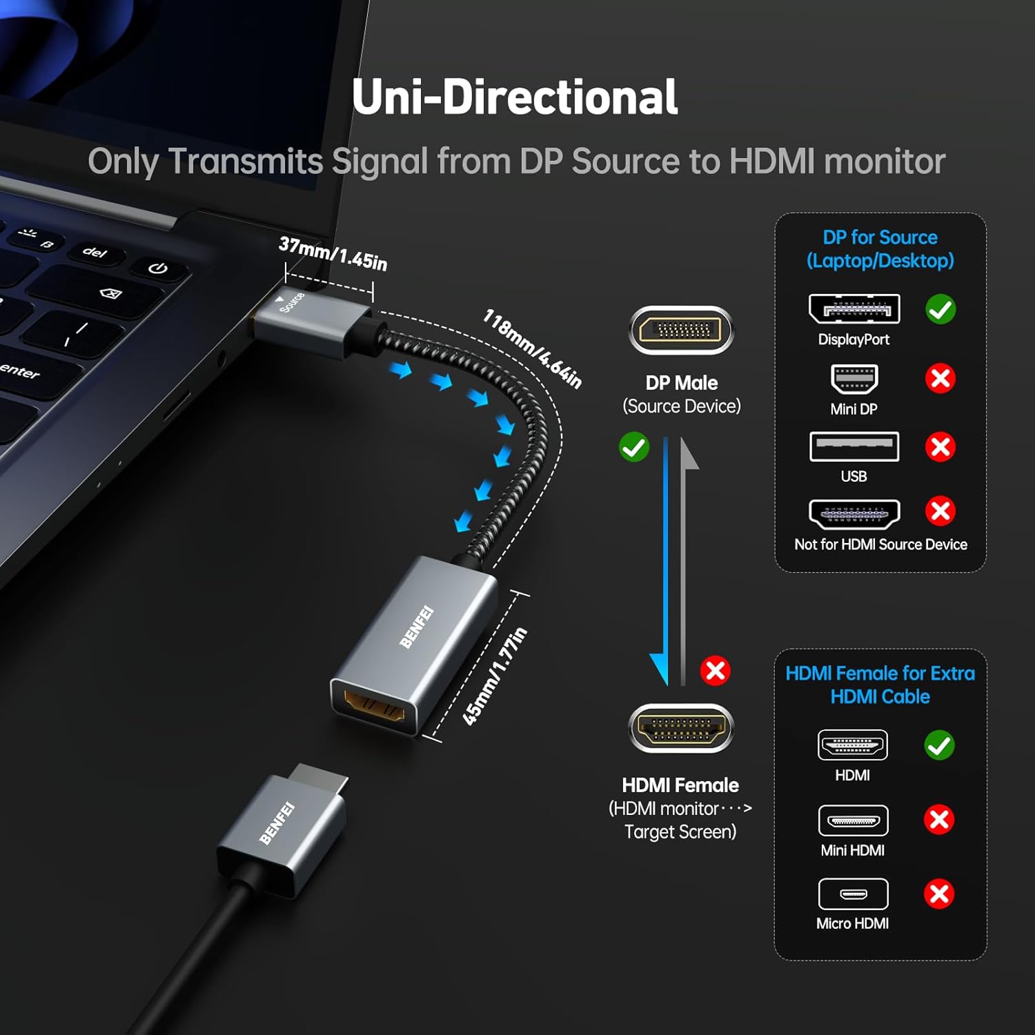 Thumbnail 2 de BENFEI DisplayPort to HDMI Adapter (DP to HDMI) – Gold-Plated, Aluminium Shell