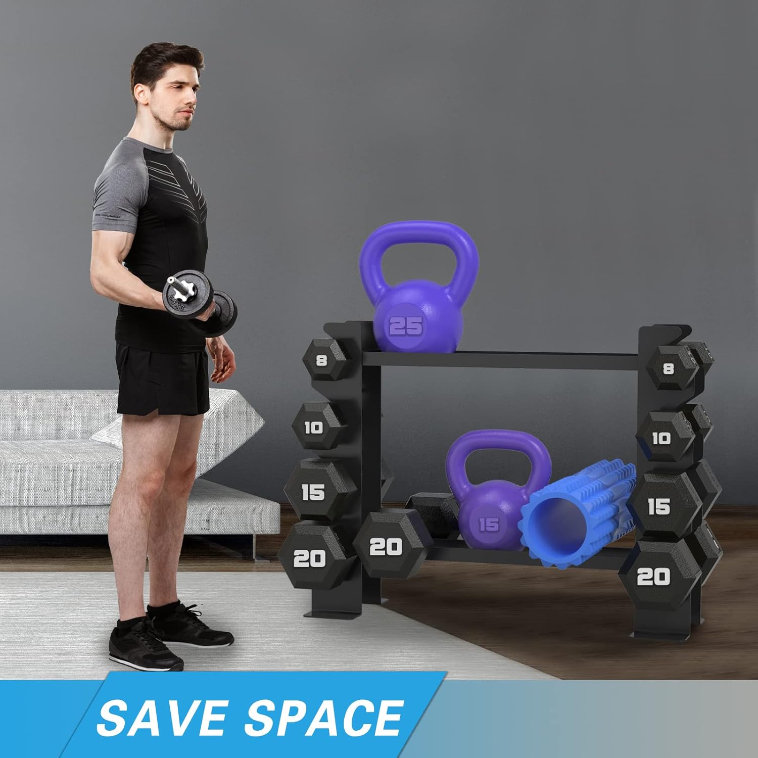 Detalle 2 de WINNOW Manubri Rack Home Gym: supporto doppio strato in acciaio per manubri e accessori