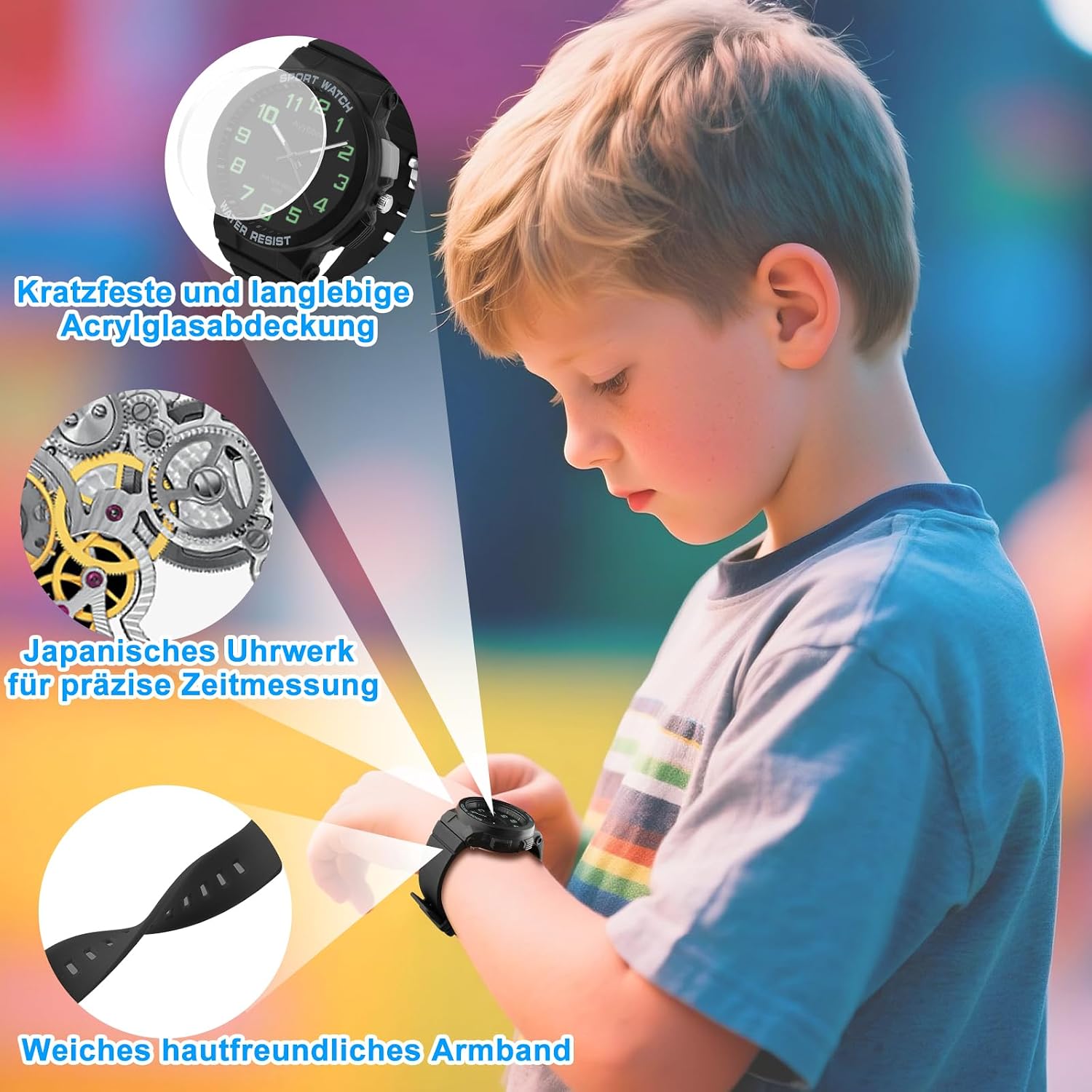 Detalle 2 de Ayybboo Analog Kinderuhr: 4–16 Jahre, wasserdicht, mit Leuchtzifferblatt