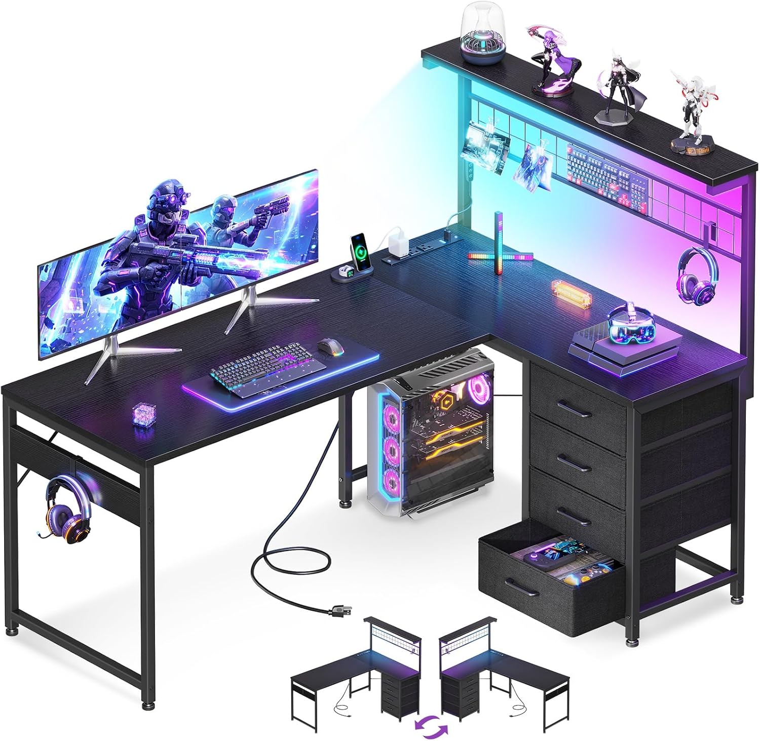 Thumbnail 6 de AODK 51" L-Shaped Gaming Desk with LED Lights, 4 Drawers & USB Ports