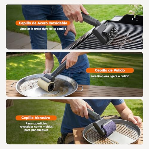 Detalle de Leebein Cepillo Eléctrico para Barbacoa (2026) — 3 Velocidades, 3 Cabezas Intercambiables y Autonomía de 150 Min