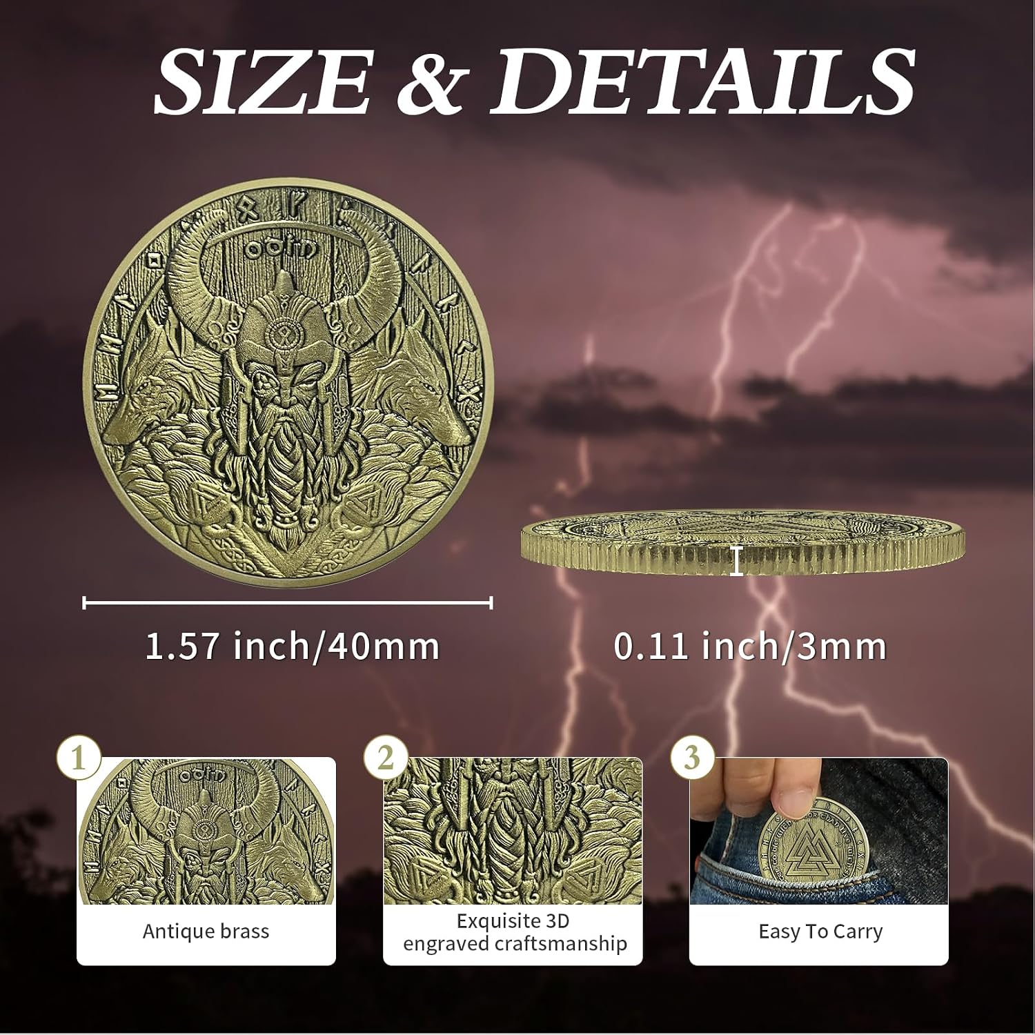 Thumbnail 3 de AtSKnSK Odin Münze als Wikinger Valknut Amulett (Valknut-Knoten) für Männer