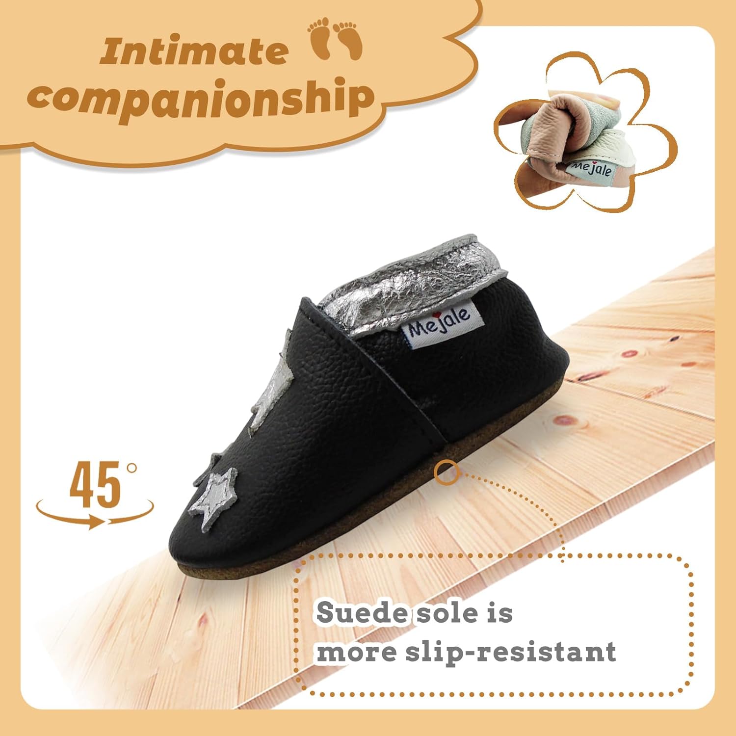 Thumbnail 2 de Mejale chaussons enfant bébé en cuir doux à enfiler, semelle daim antidérapante – étoiles