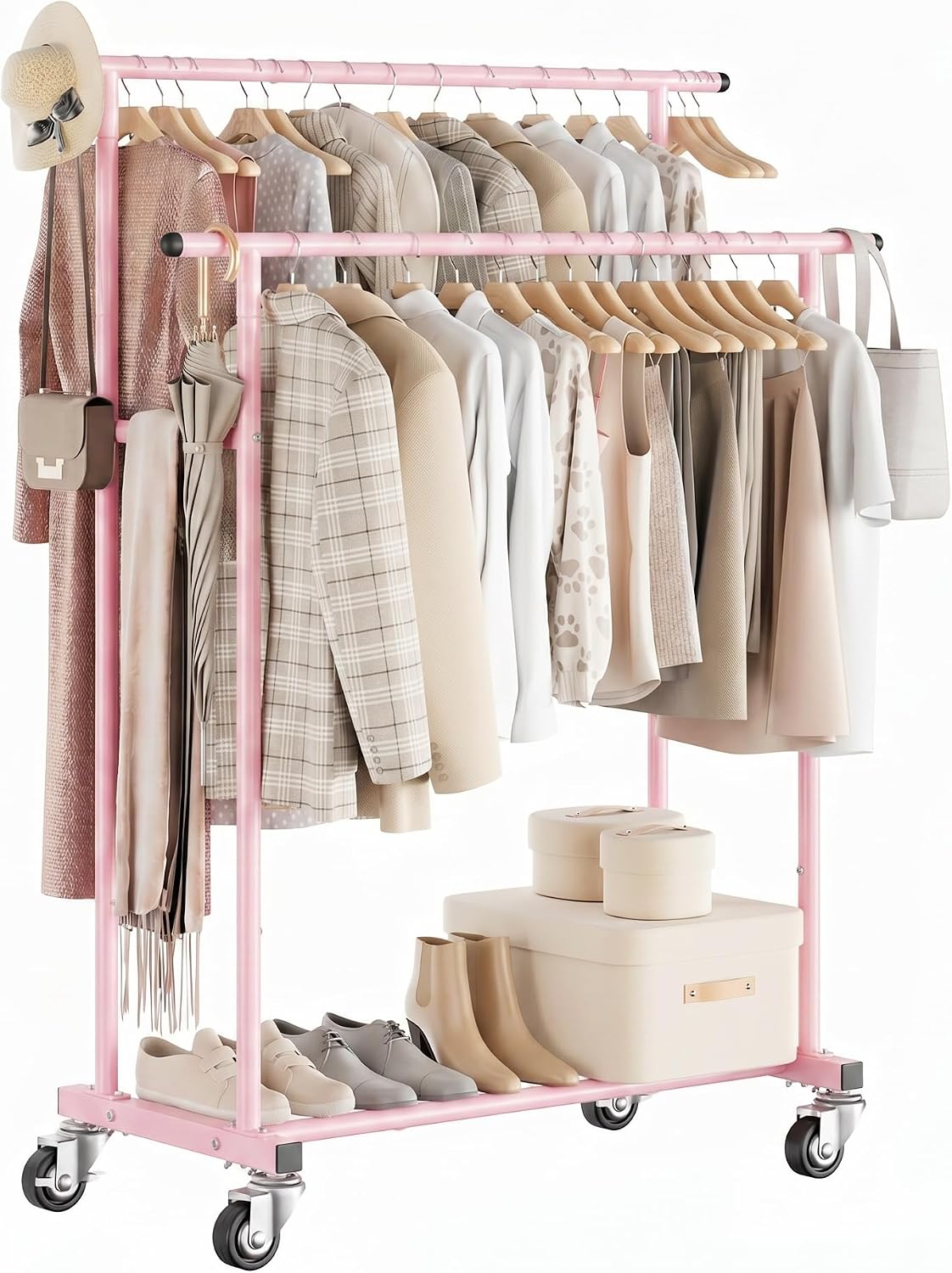 Detalle de Calmootey Rolling Garment Rack, Double-Rod Pink Metal Clothes Organizer