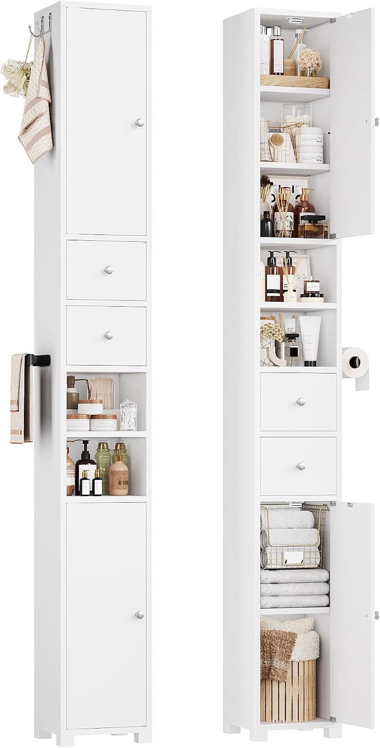 Detalle de FOREHILL M324 Tall Bathroom Cabinet, 20 cm Slim White Storage Unit