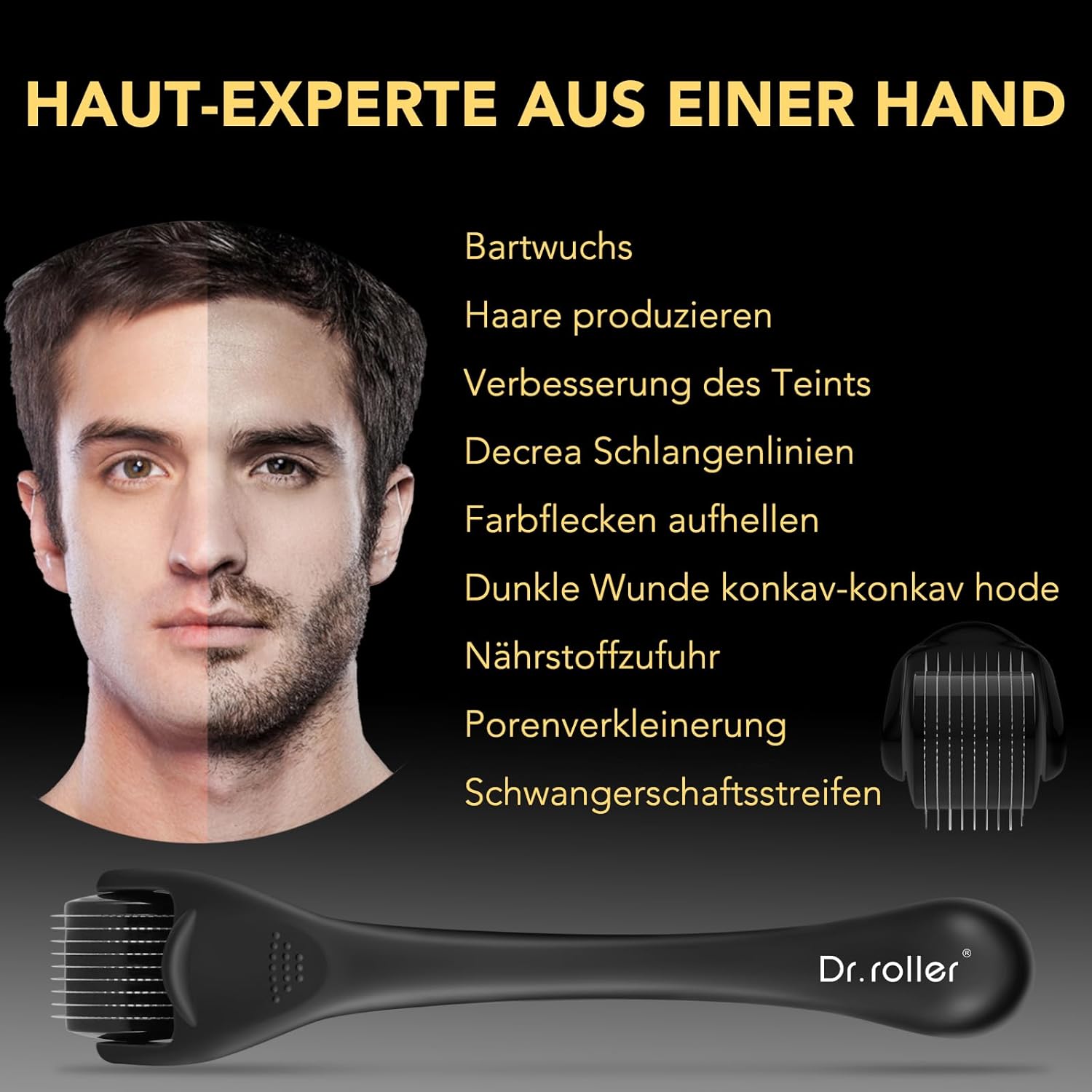 Detalle de Dr.roller Derma Roller 1mm – 540 Titan-Nadeln für Bart, Kopfhaut und Gesicht