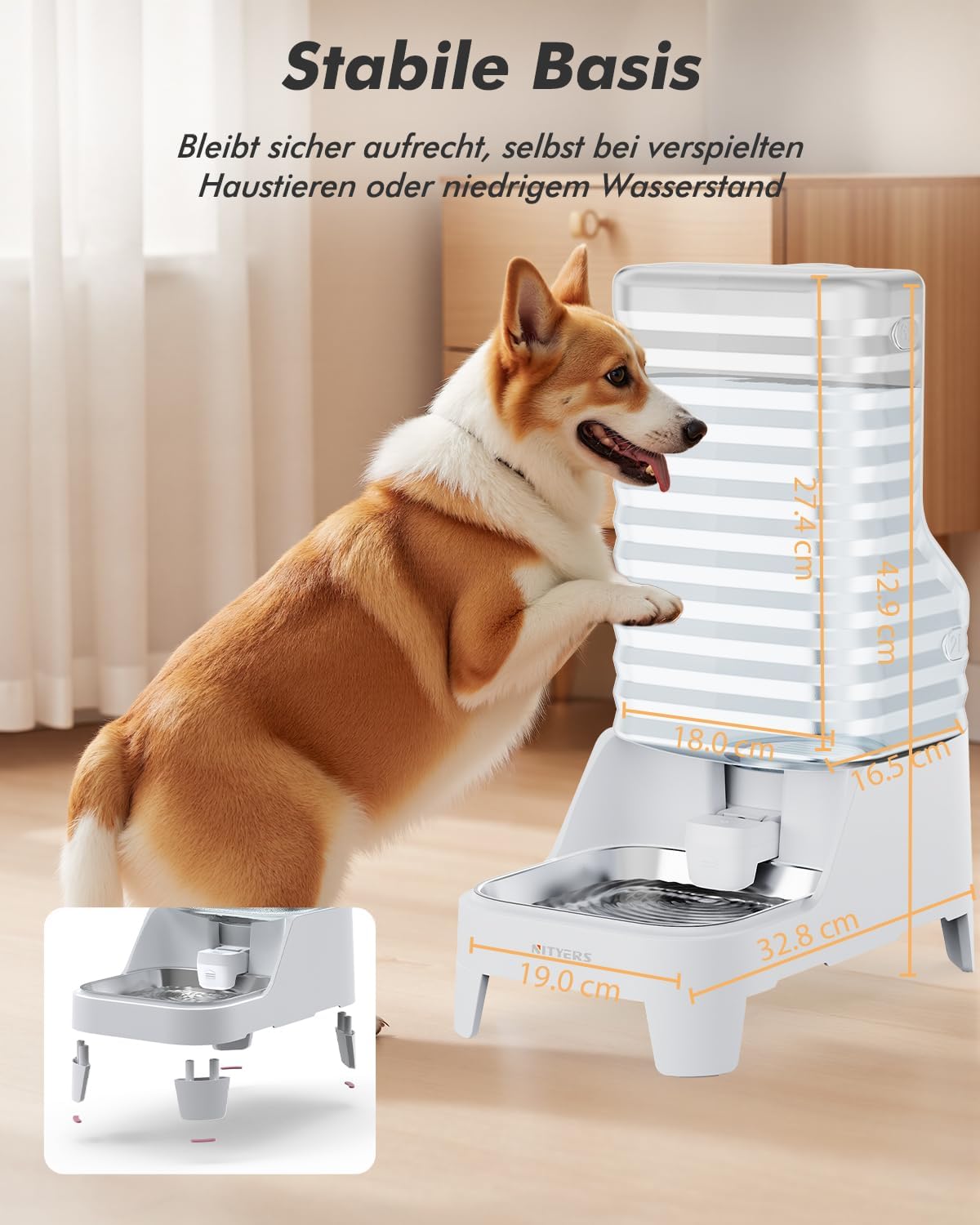 Detalle de 6L Wasserspender für Hunde und Katzen mit patentiertem Wasserhahn – BPA-frei, leicht zu reinigen, mit verstellbarem Sockel