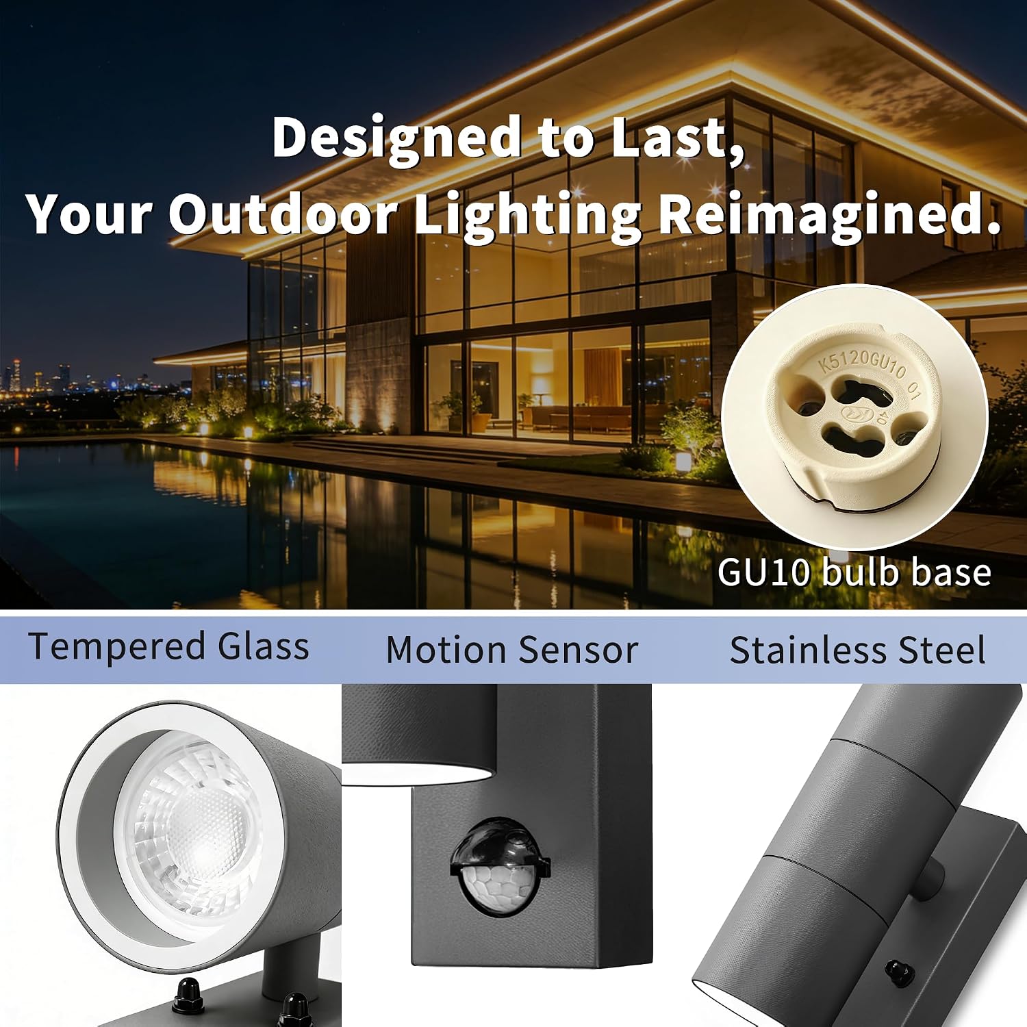 Detalle de YOVGQOLV Motion Sensor Outdoor Wall Lights: Up & Down, 2x5W GU10, Stainless Steel, IP54, Anthracite