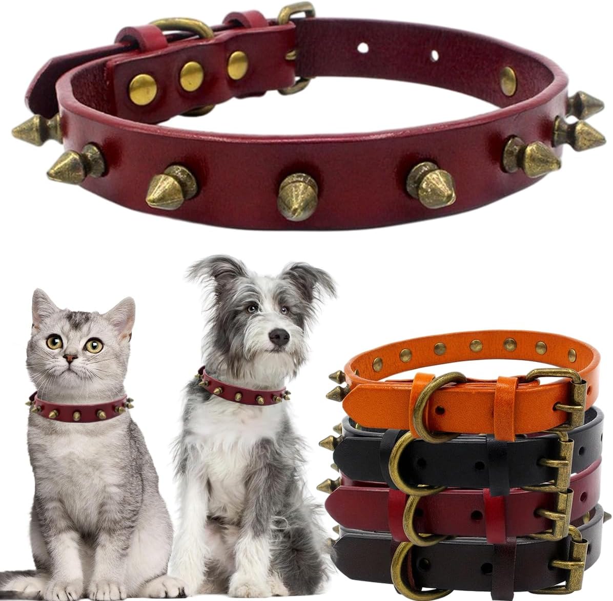 Thumbnail 5 de Spiked leather dog collar with rivet studs and adjustable buckle (black) for small to large dogs