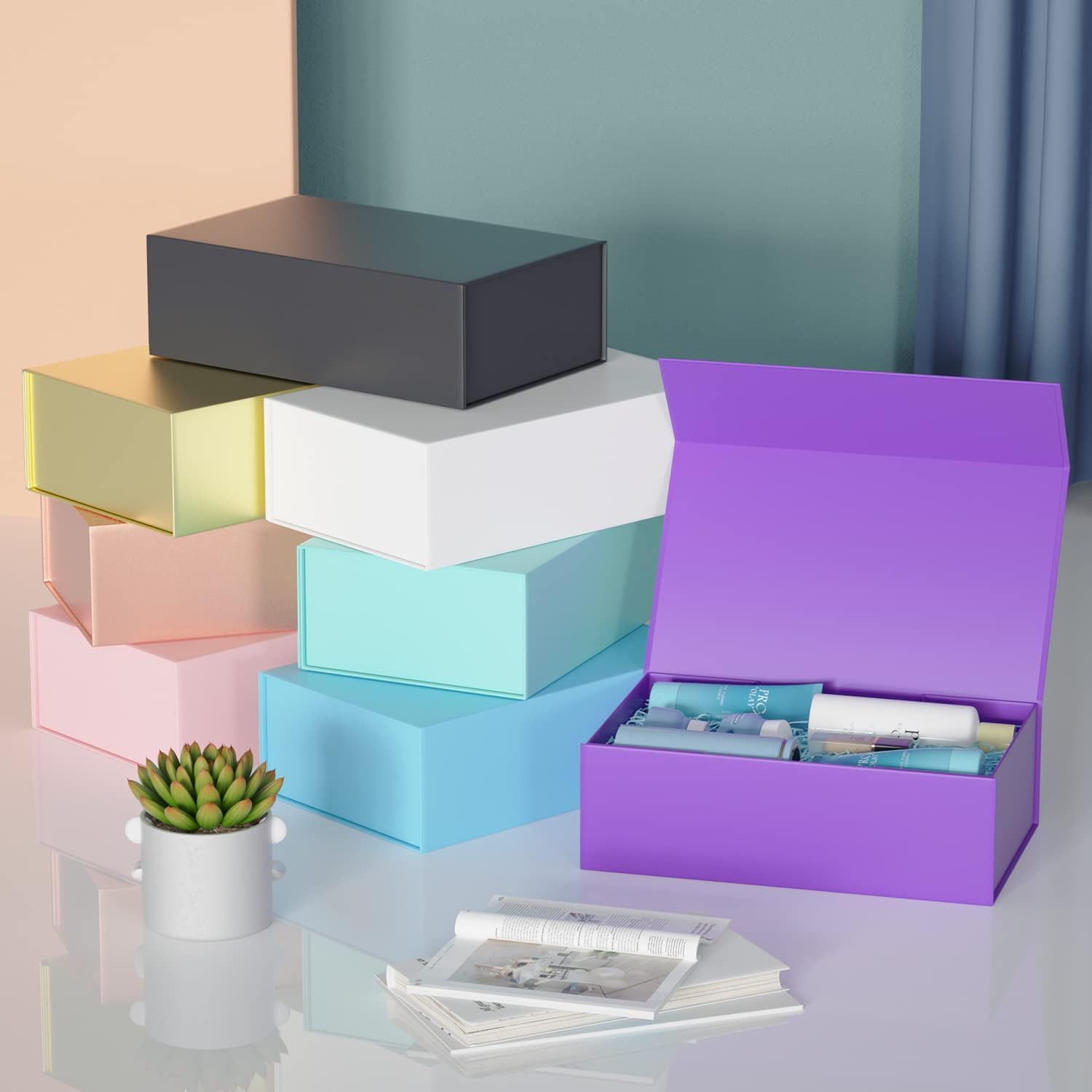 Thumbnail 6 de 2er Pack Geschenkboxen mit magnetischem Verschluss (30x15x10 cm), klappbar, lila