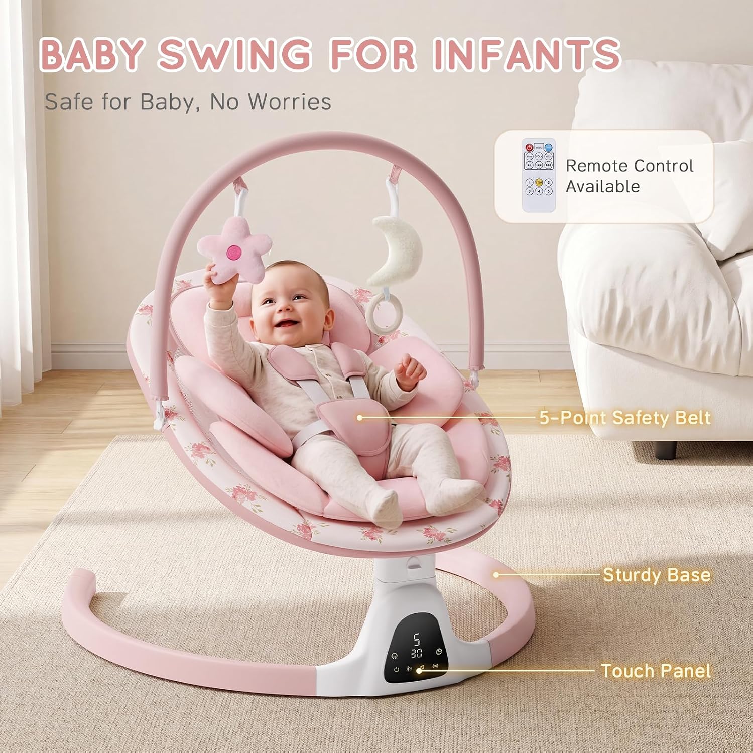 Detalle de MOMZELVI Electric Baby Swing for Infants, 5 Speeds, Bluetooth, Pink Seat Pad