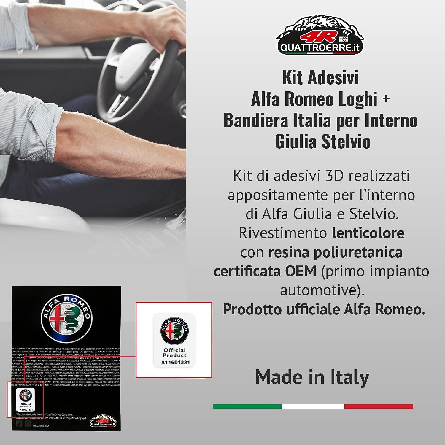 Detalle de Kit d'autocollants Alfa Romeo 3D – Logos et drapeau Italie pour intérieur Giulia/Stelvio (réf. 32772)