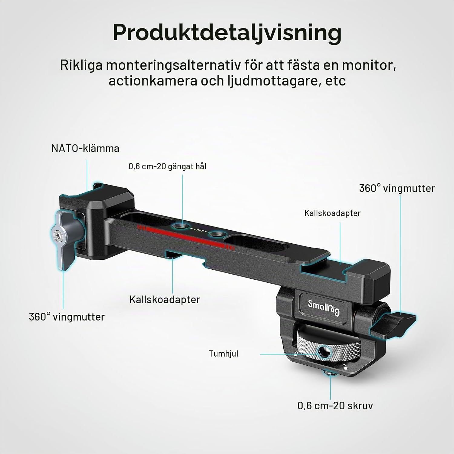 Detalle de SMALLRIG 3026B monitorfäste för DJI RS med NATO-klämma och dubbla tillbehörsskor