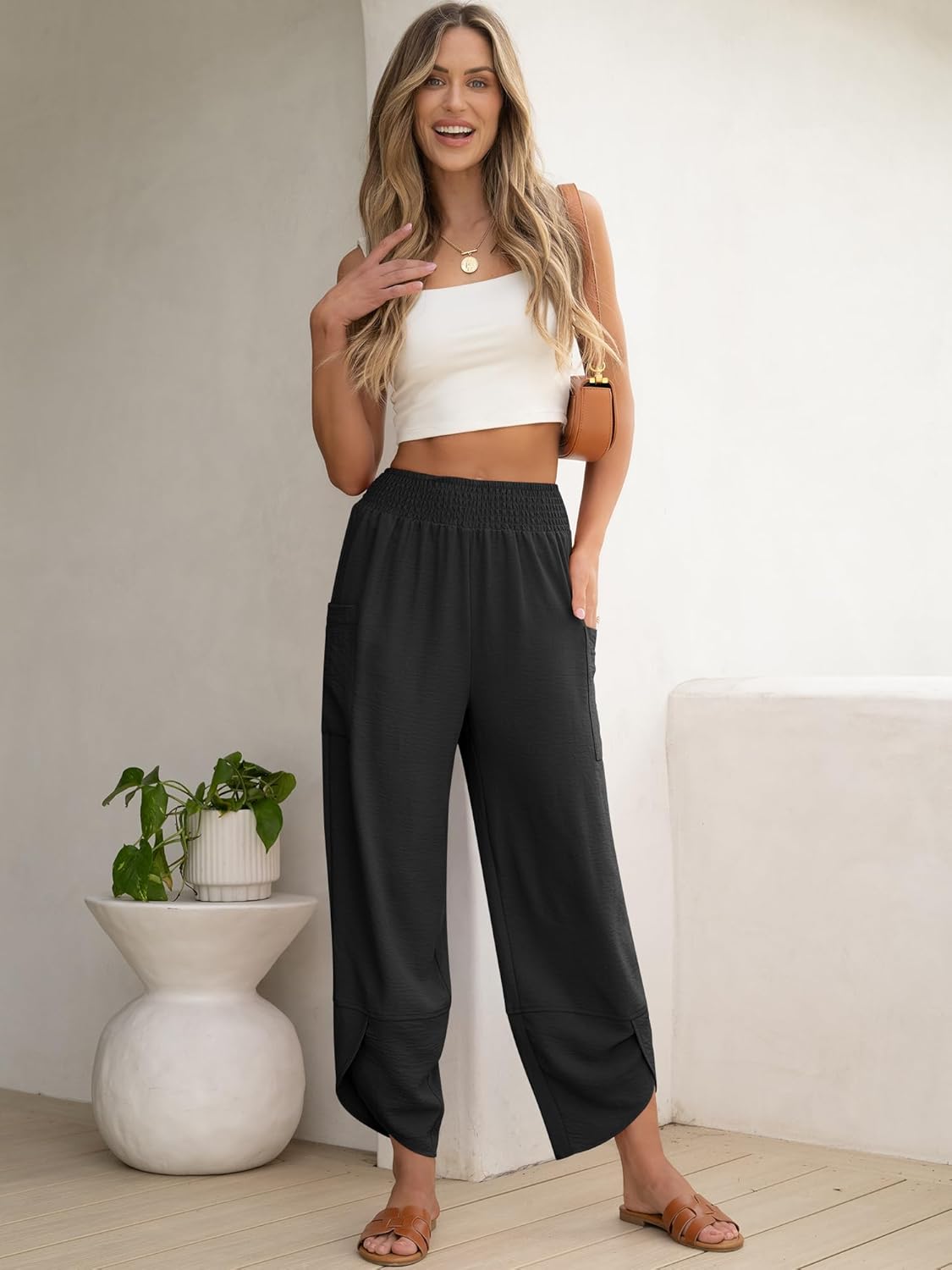 Thumbnail 1 de ANRABESS Women’s Capri Palazzo Wide-Leg Pants with Smocked High Waist