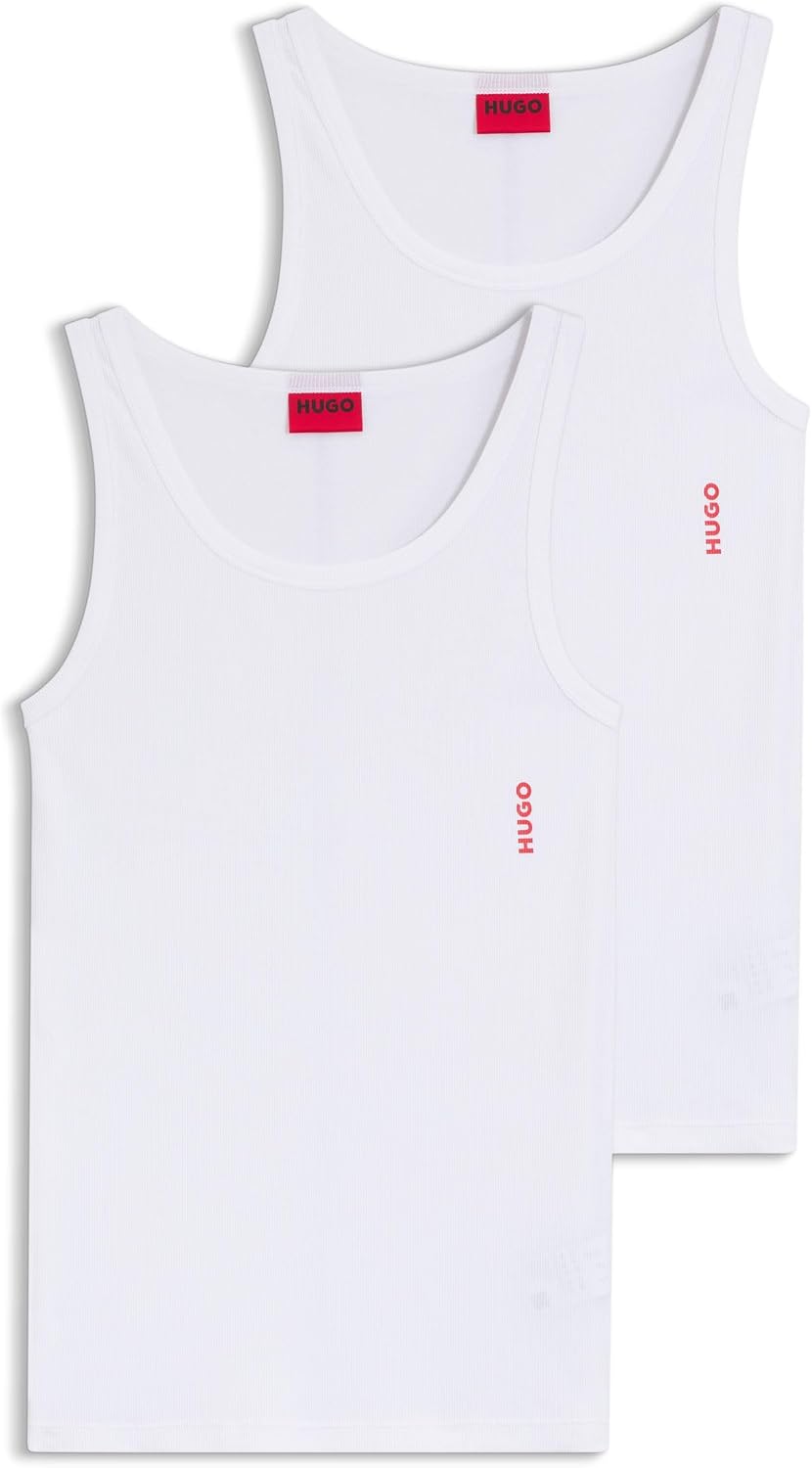 HUGO Men’s Tank Top Twin Pack (Two-Pack) in Stretch Cotton with Logos, White (L)