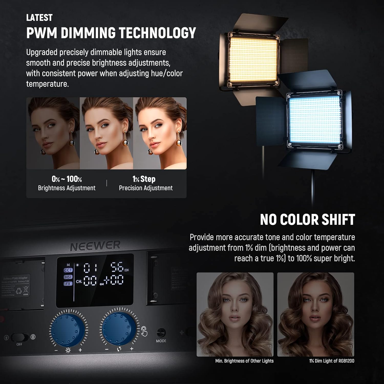 Detalle de NEEWER 2 Pack RGB1200 LED Video Lights with APP/2.4G Control – Versatile Studio Lighting Kit