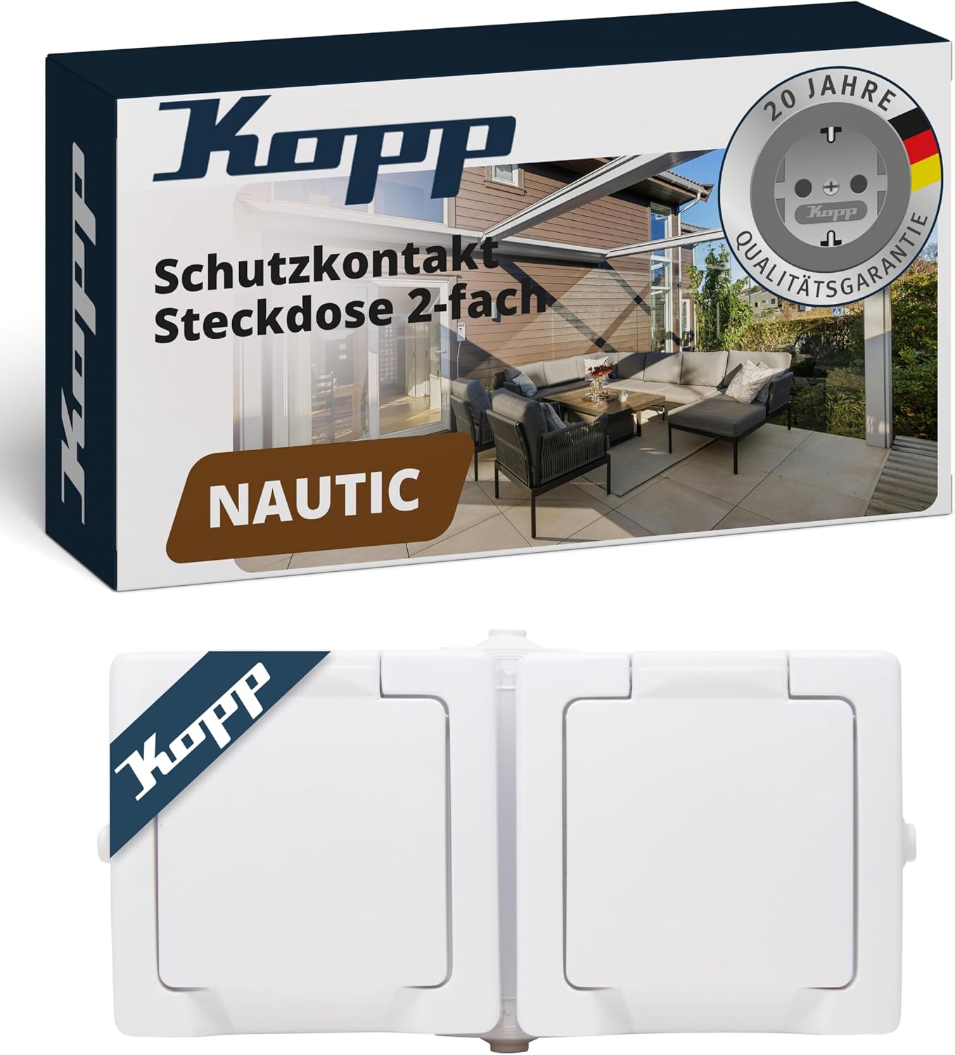 Detalle de Kopp NAUTIC 2-fach Schutzkontakt-Steckdose mit Klappdeckel in Arktis-Weiß – IP44 Aufputz, 16 A, 250 V