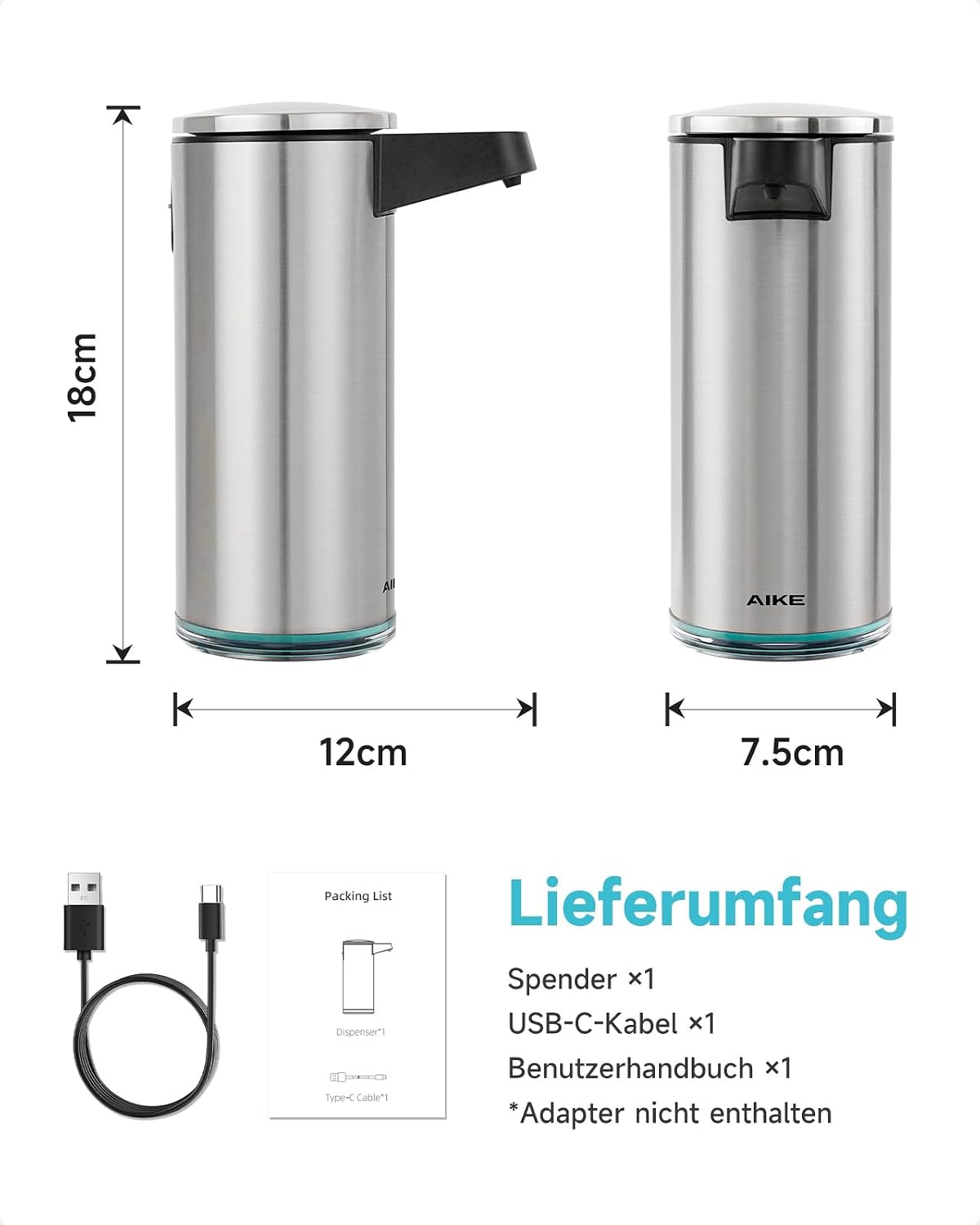 Detalle de AIKE SensePro automatischer Seifenspender aus Edelstahl (380 ml), berührungslos mit USB-C-Laden