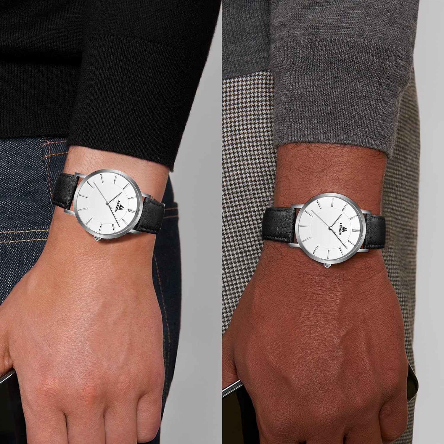 Detalle de LN LENQIN Herren Analog-Uhr mit Lederband, quarzgetrieben, 30 m wasserdicht (Mineralglas)