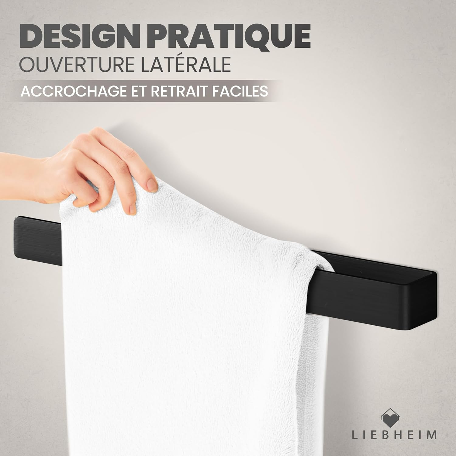 Detalle 2 de LIEBHEIM porte-serviette mural sans perçage en aluminium noir – 40 cm