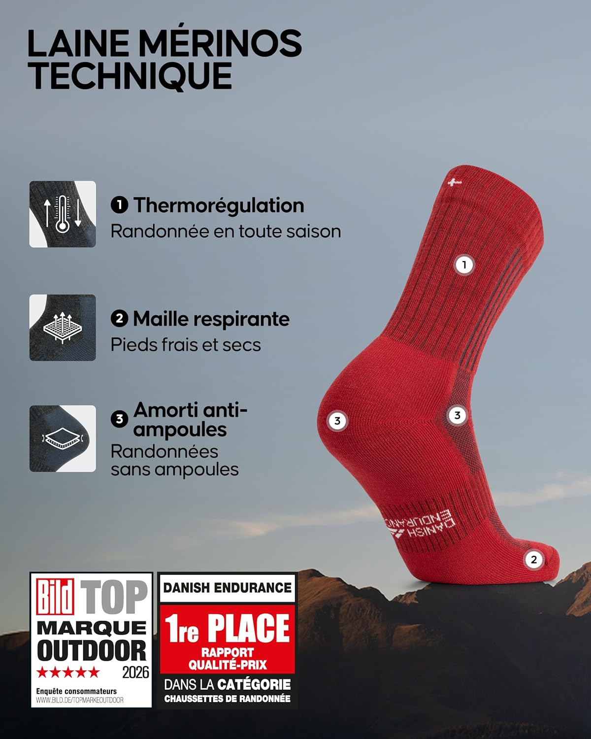 Thumbnail 1 de DANISH ENDURANCE Chaussettes de Randonnée en Laine Mérinos Premium – Lot de 2, Anti-Agujeros et Confort pour Hommes et Femmes