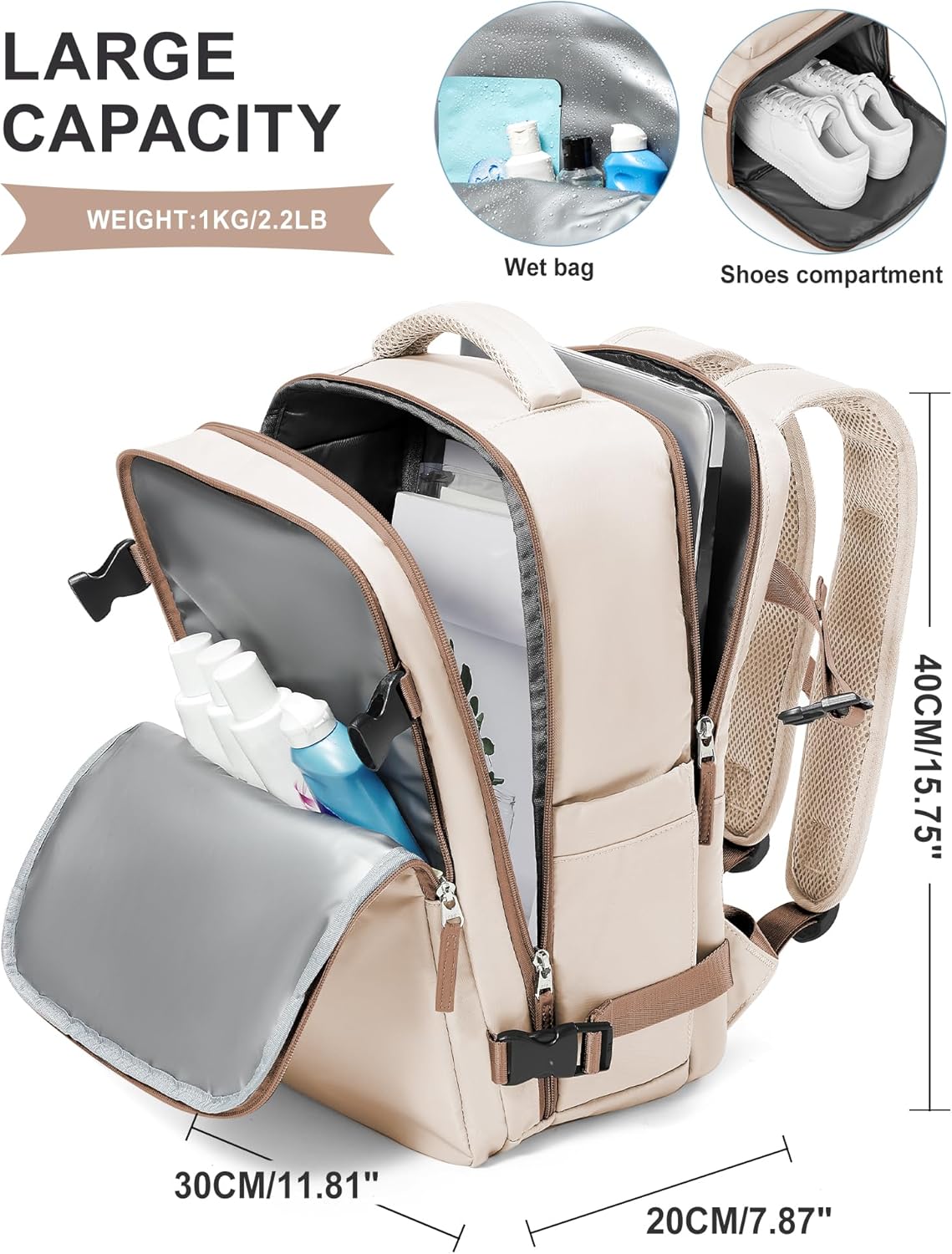 Detalle de SZLX Vakuum Rucksack Ryanair Handgepäck 40x30x20 – vielseitiger Flugbegleiter mit Schuhfach und Laptop 14 Zoll