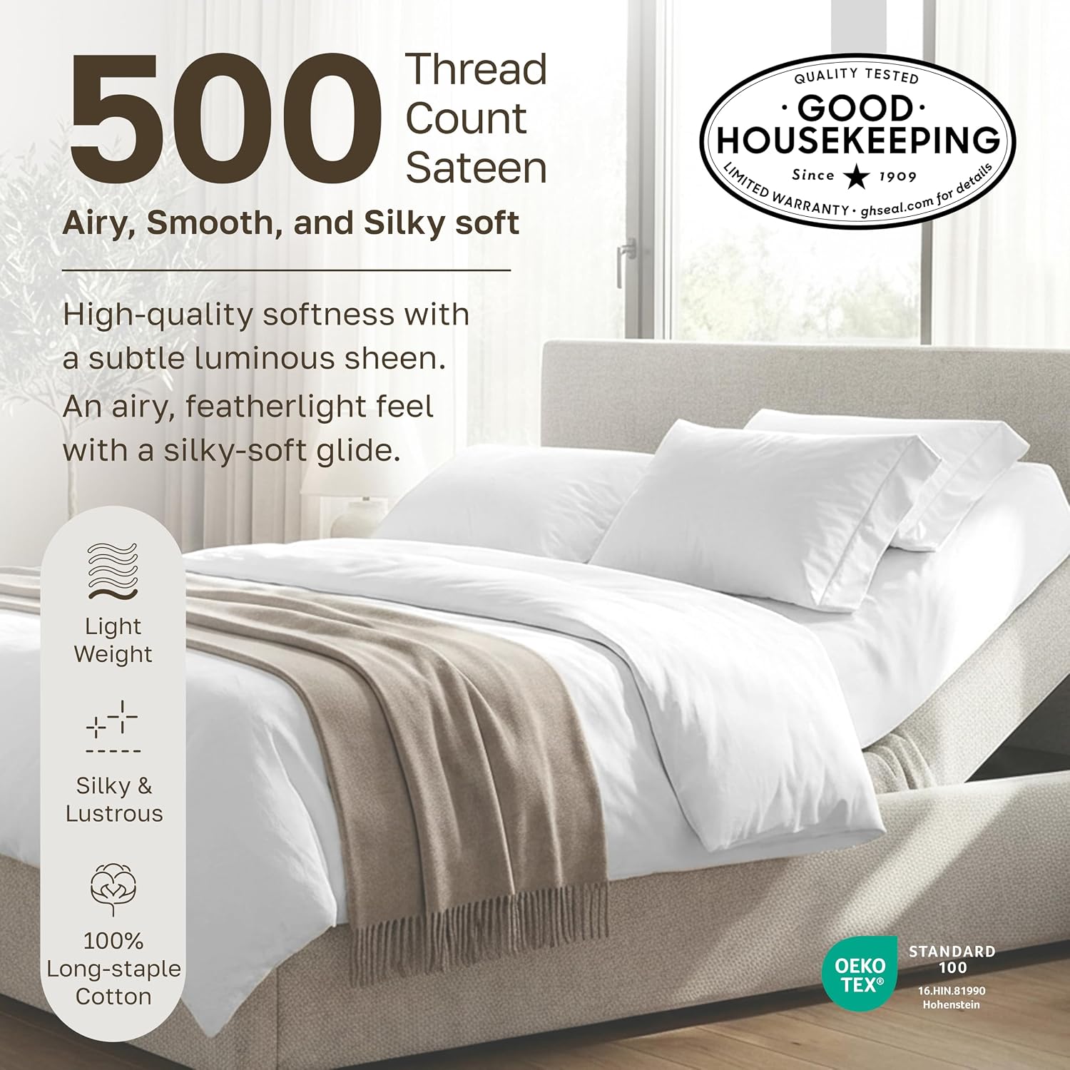 Detalle de Split King Sateen Sheets, 500 Thread