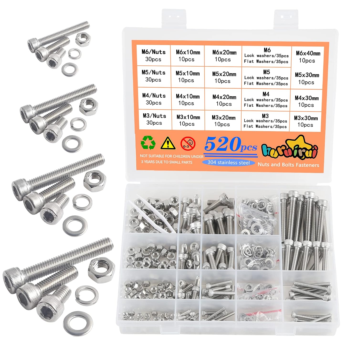 Detalle de huruirui 520-Piece M3–M6 Stainless Steel 304 Hex-Head Fastener Set
