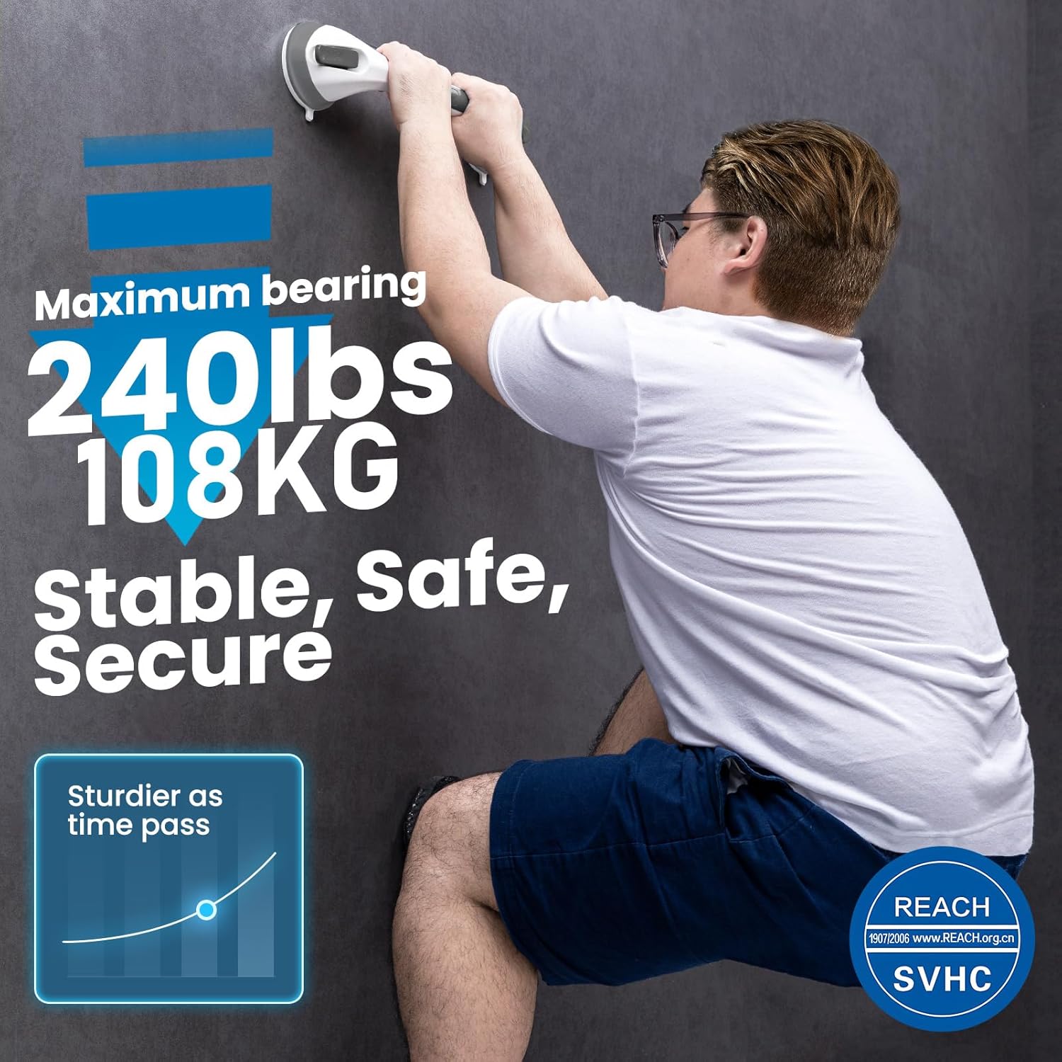 Thumbnail 1 de LEVERLOC Shower Grab Rails, 43 cm Suction Grab Bar (Grey) – No Drilling, Suction Safety Handle for Bathtub & Shower