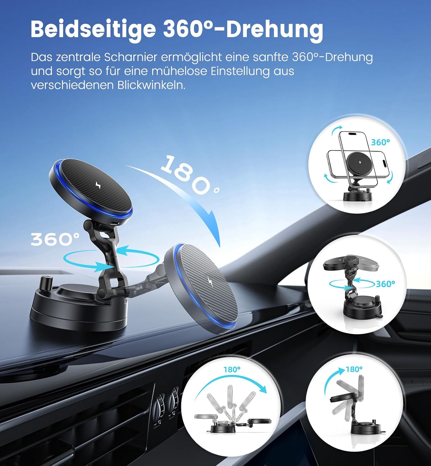 Thumbnail 6 de OANDYS MagSafe Car Mount Charger 15W – Fast Wireless, 360° Spin, Strong Vacuum & Magnetic Hold
