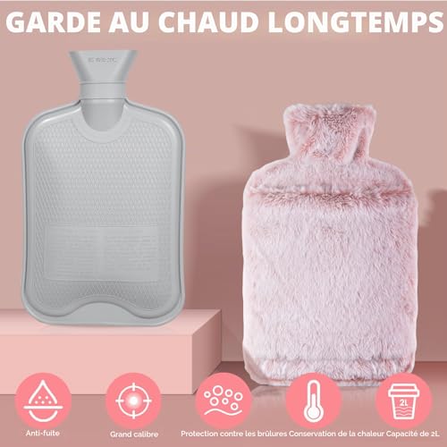 Detalle de BOLEi Bouillotte Avec Housse 2L — Rose, étanche, avec poche Kangourou