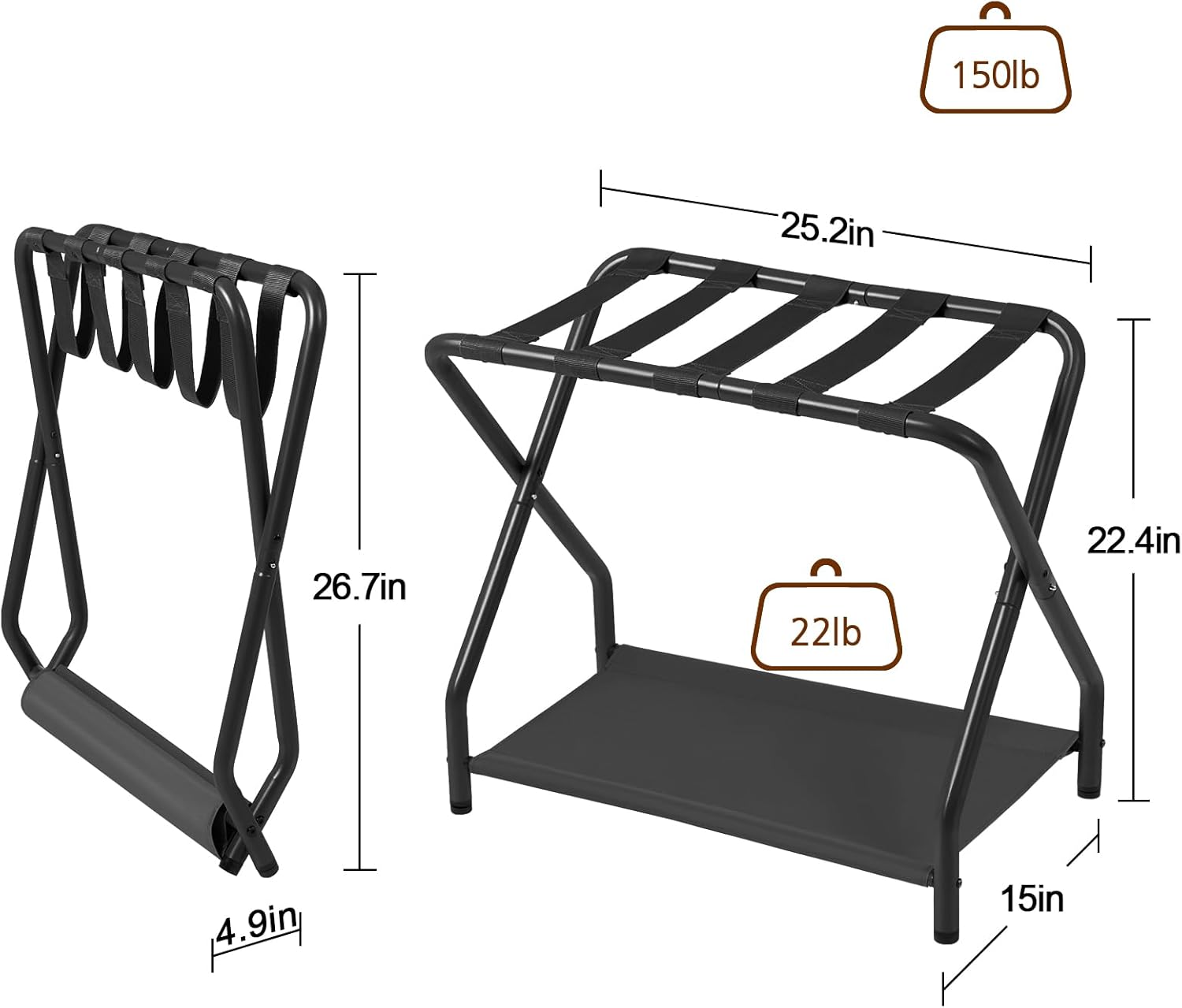 Thumbnail 4 de AMHANCIBLE Luggage Rack (Set of 2) Foldable Suitcase Stands with Storage Shelf, HLR02BK, Black