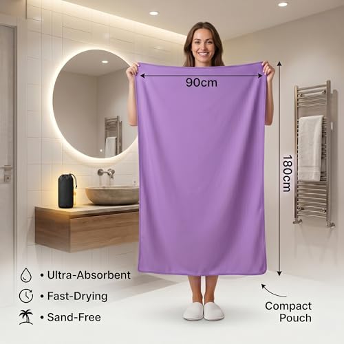 Detalle de HomlyPro Microfibre Towel Extra Large 180x90cm (Purple) – Quick Dry, Lightweight & Super Soft