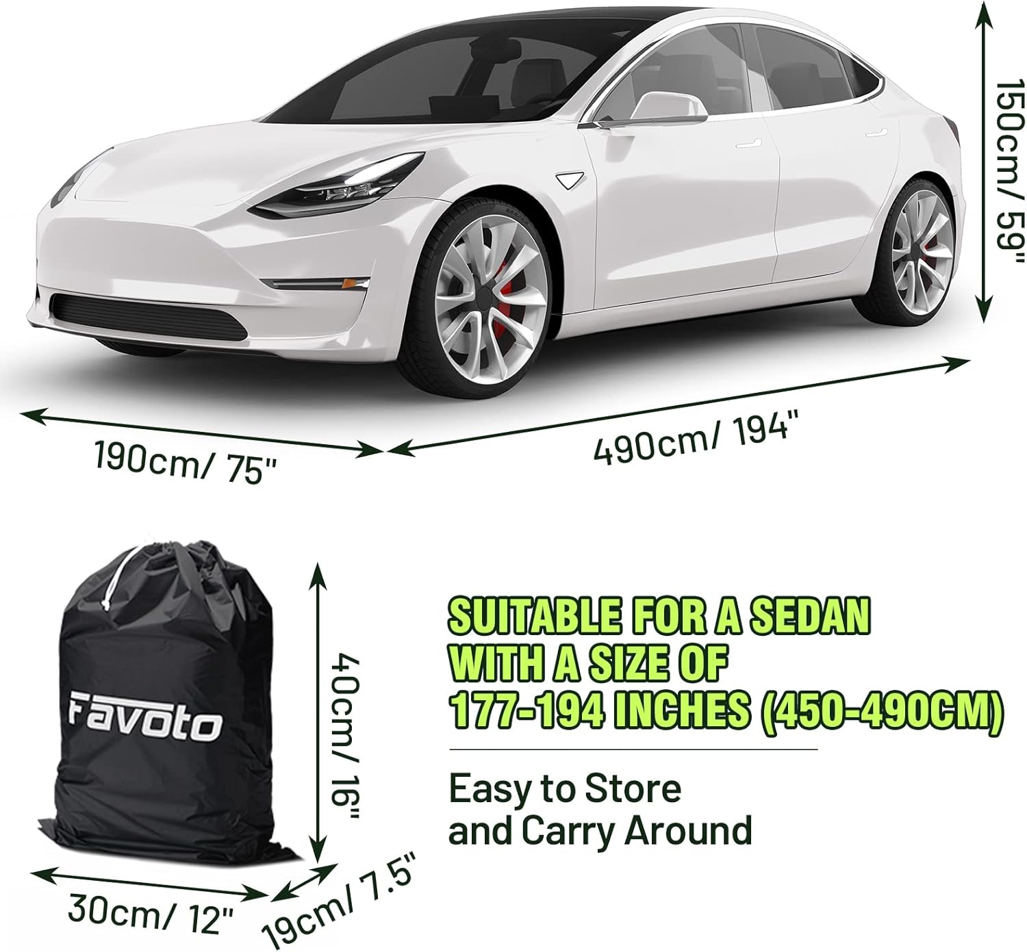 Thumbnail 1 de Favoto sedan car cover waterproof breathable with right-side zipper, universal fit 177–194 inches (black)