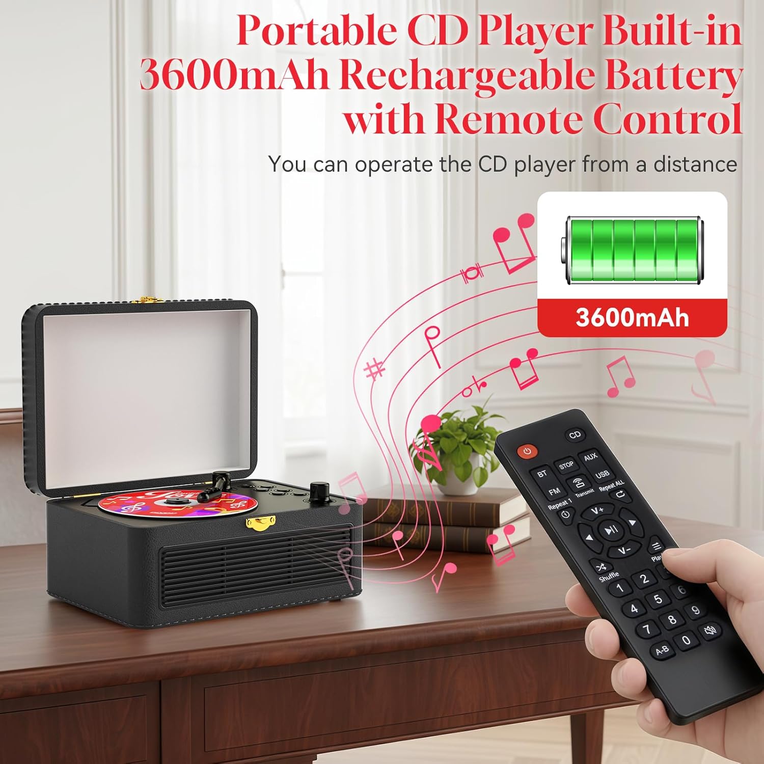 Thumbnail 4 de Gueray Lecteur CD Cuir Portable: lecteur CD vintage avec Bluetooth 5.2 et haut-parleurs 3600 mAh