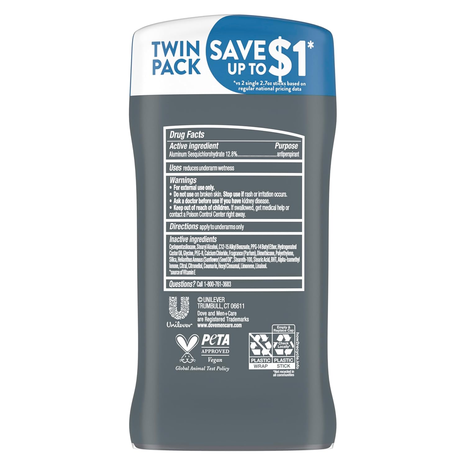Detalle 2 de Dove Men+Care Clean Comfort Antiperspirant Deodorant Stick Twin Pack (72-Hour Protection) — 2.7 oz