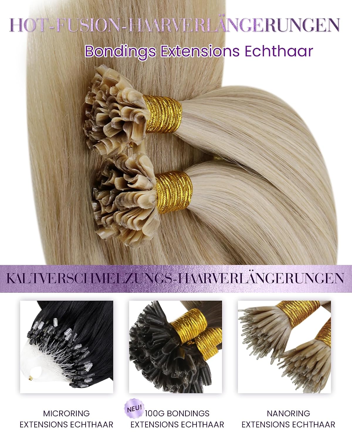 Thumbnail 6 de LaaVoo Haarverlängerung Echthaar Keratin Blond Platinblond 40 cm, 50 g, 50 Strähnen