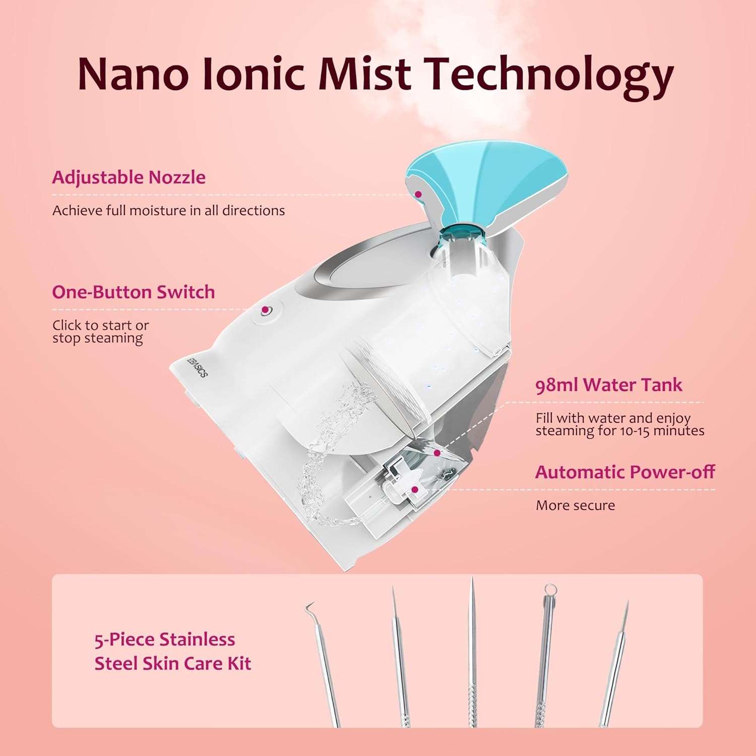 Detalle de Vaporizzatore Viso Nano-Ionico EZBASICS – Sauna Facciale Domestica con kit pelle 5 pezzi e confezione regalo