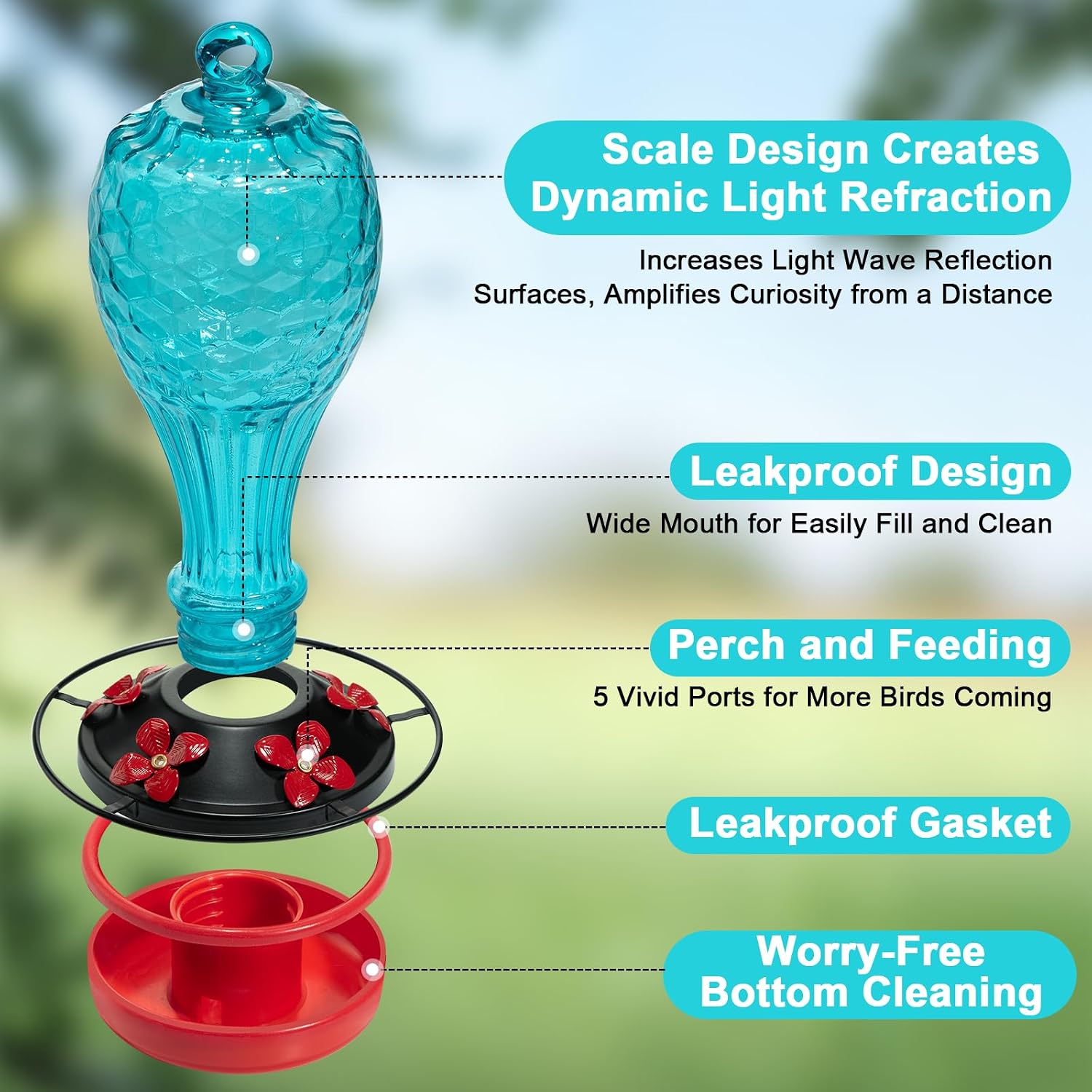 Thumbnail 5 de Jarkyfine 03 Glass Hummingbird Feeder, 20 oz Blue Fish-Scale Design