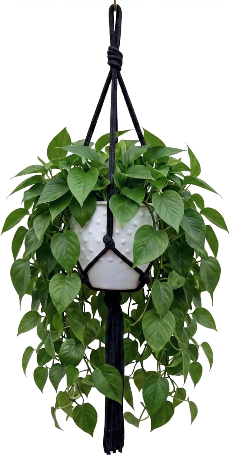 Detalle de APREGGIO Hanging flower stand macramé plantenhanger, zwart katoen, 75 cm