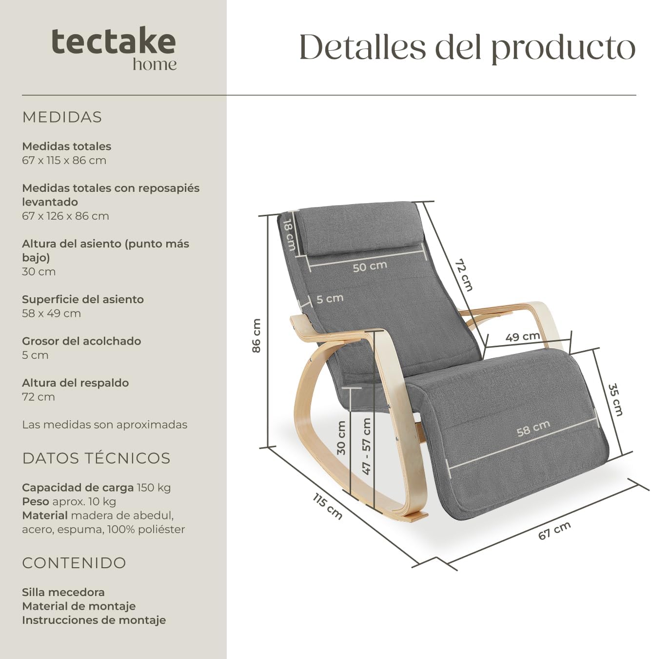 Detalle de tectake® Silla Mecedora Ergonómica 5 posiciones