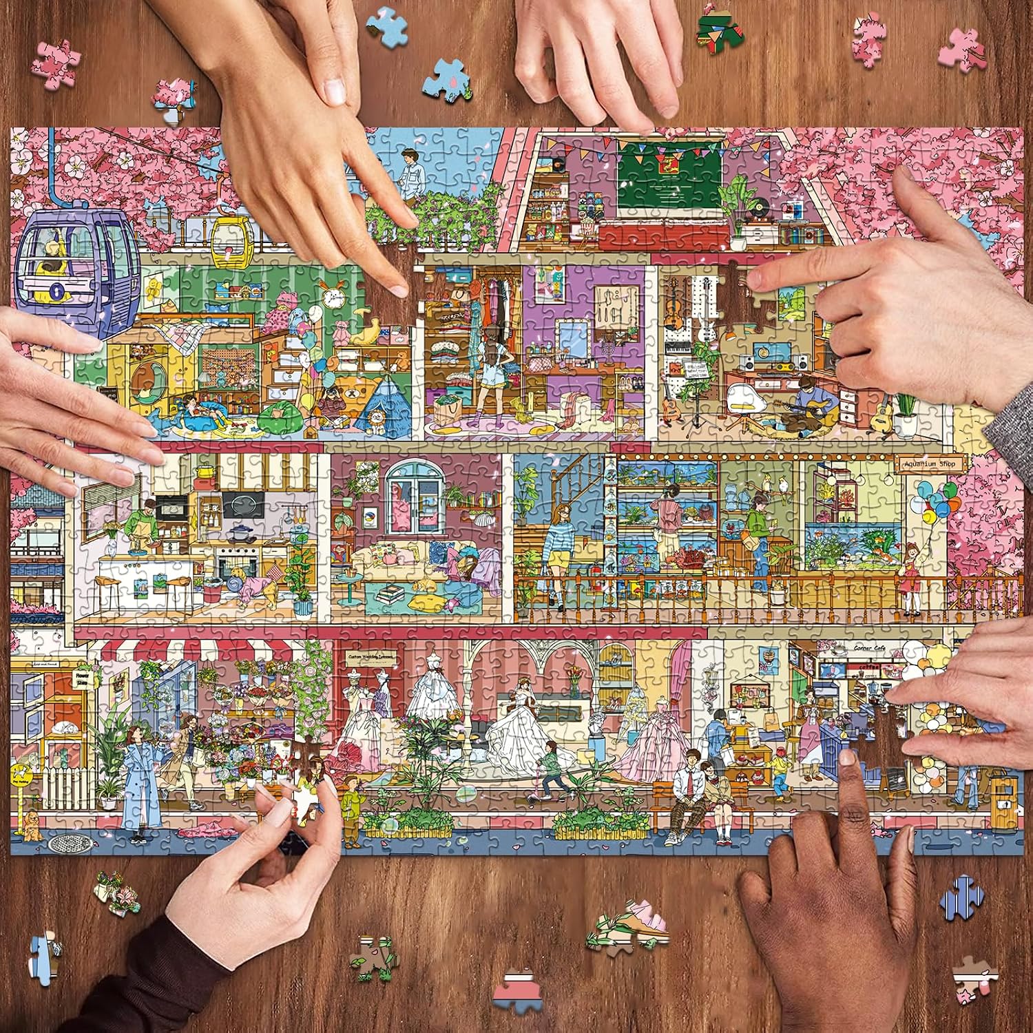 Detalle de HUADADA 1000 Pieces Jigsaw Puzzle – Sakura Town (70 x 50 cm)