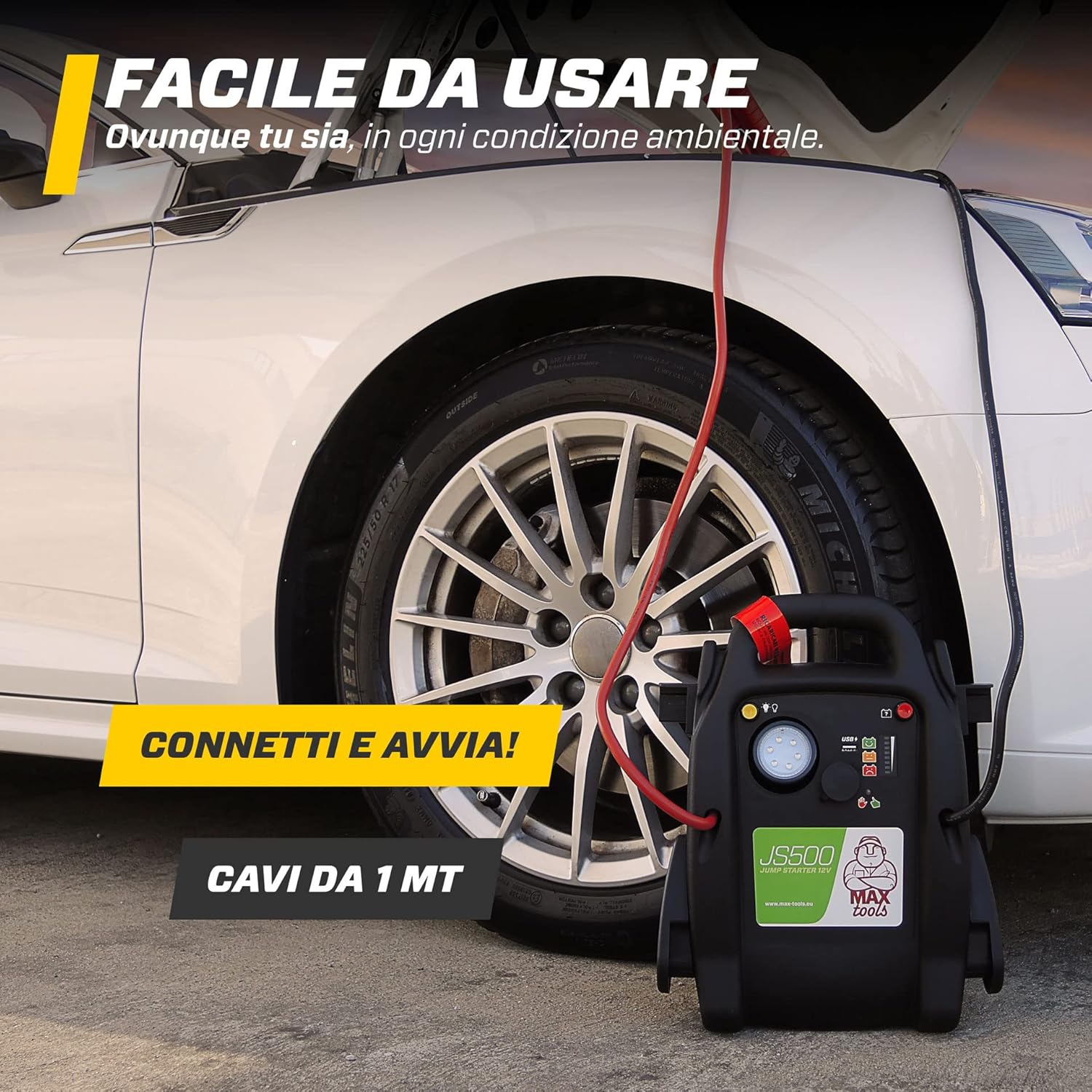 Detalle de MAXTOOLS JS500 2200 A 22 Ah: Avviatore di Emergenza 12V per Auto e Furgoni con LED e USB