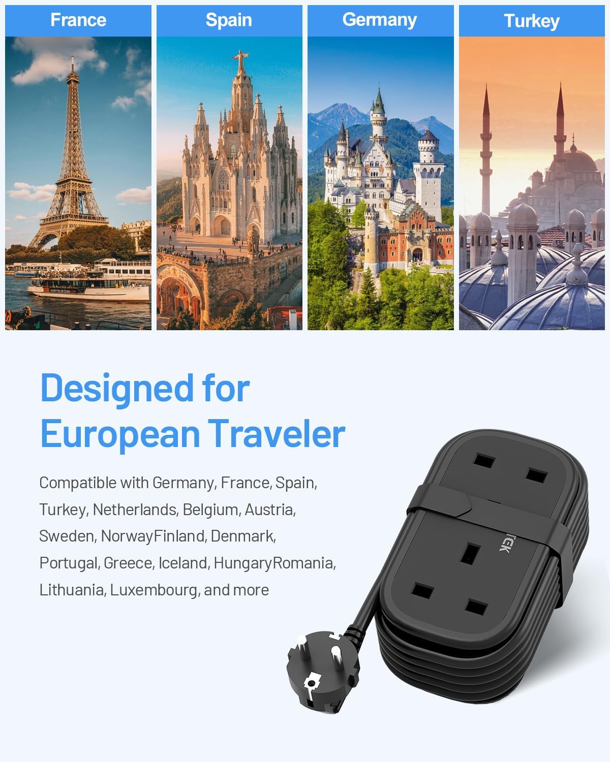 Detalle 2 de FDTEK UK to European Plug Adapter with 1.5m Extension Cable and 3 USB Ports (Type E/F)