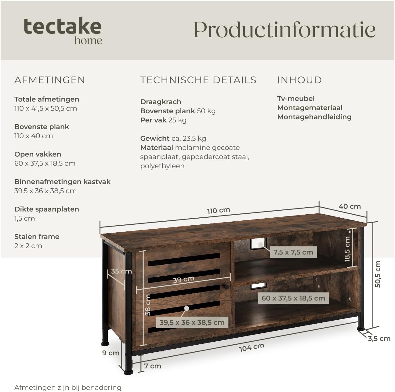 Detalle de tectake Galway tv-meubel voor tv’s tot 55 inch, 2 open vakken en magneetdeur