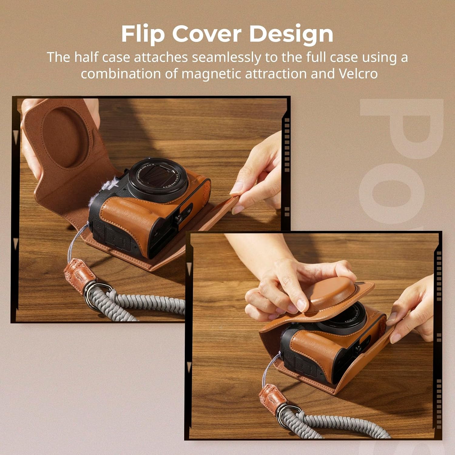 Thumbnail 3 de SmallRig Leather Case Kit for Canon PowerShot V1 (Brown) – Half Leather Case, Flip Cover, Wrist Strap & Furry Windscreen
