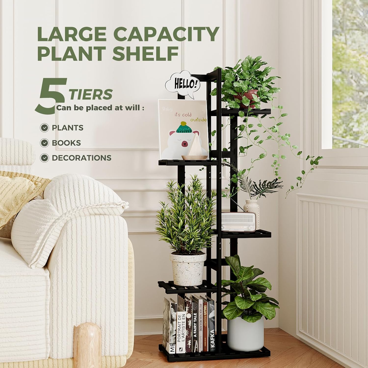 Detalle 2 de Bamworld 5-Tier Bamboo Corner Plant Stand (Black) for Indoor Window Gardens & Balconies