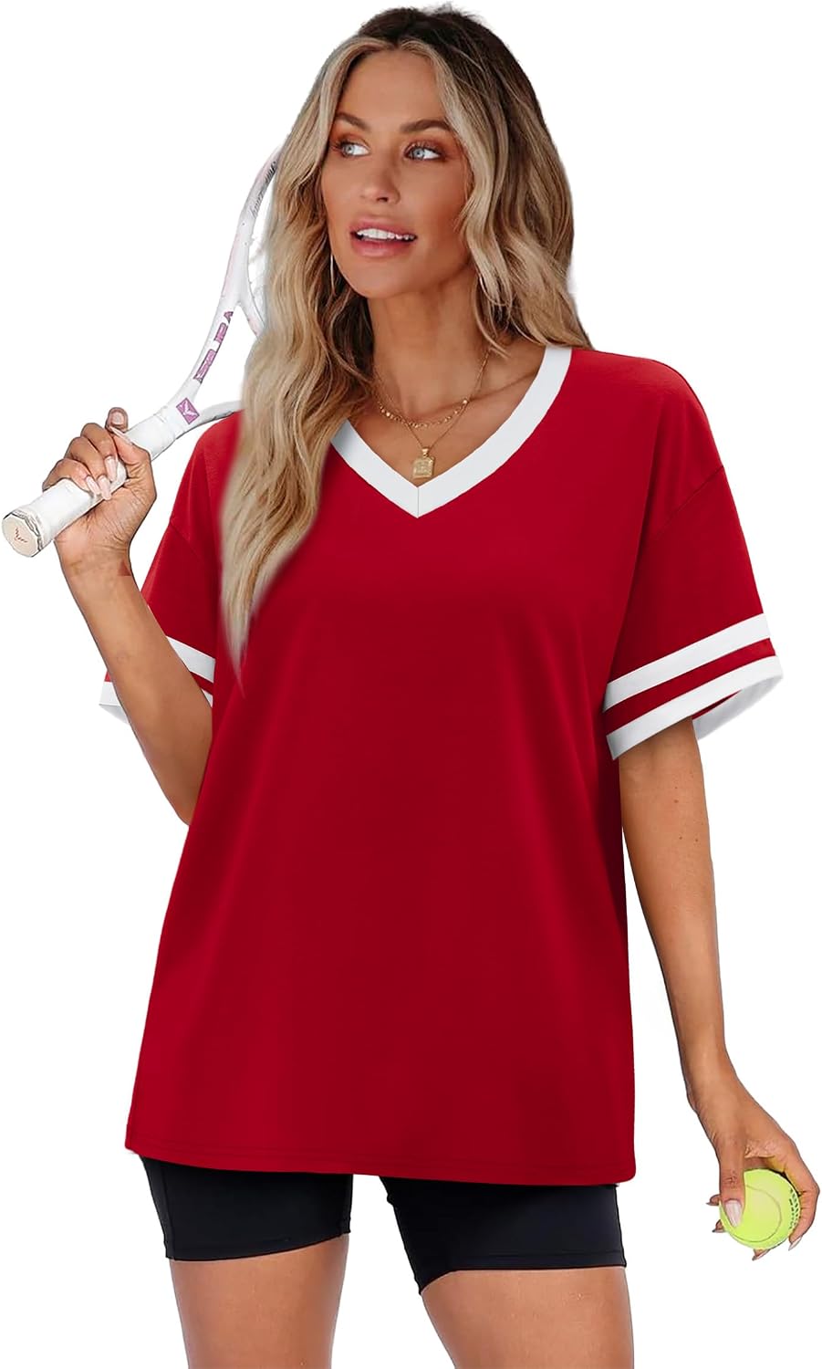 Detalle de WIHOLL Women’s Loose Fit V-Neck Color Block T-Shirts (Short Sleeve)