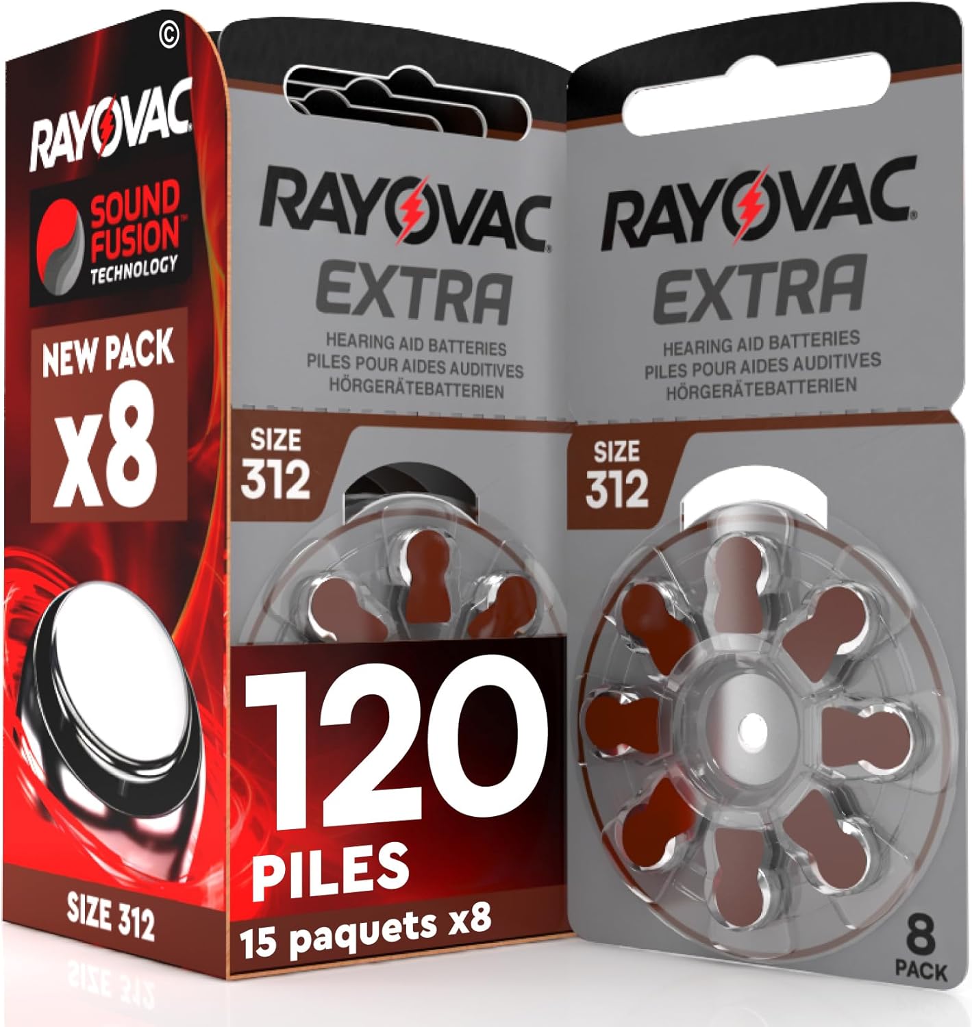 Rayovac 120 piles auditives taille 312 Extra—15 blister de 8, PR41 Marron